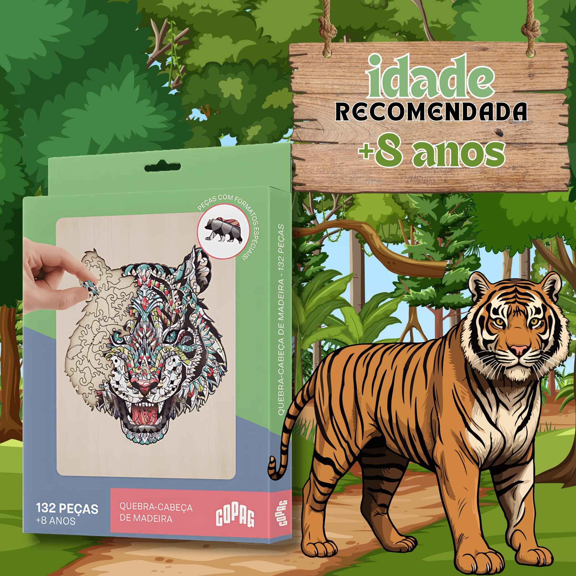 Jogo Quebra-Cabeça de Madeira Estampa Tigre com 132 Peças Copag - 33366