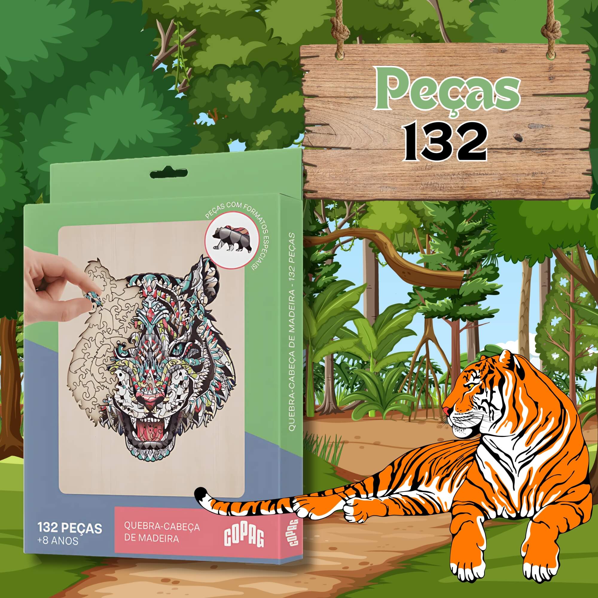 Jogo Quebra-Cabeça de Madeira Estampa Tigre com 132 Peças Copag - 33366