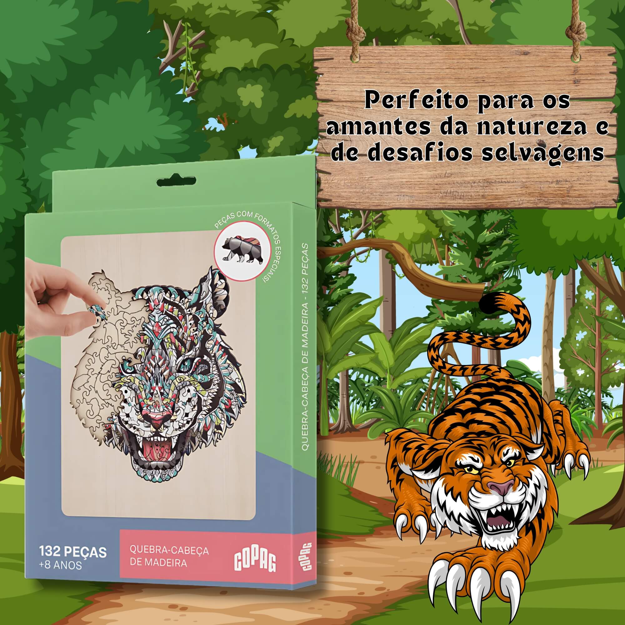 Jogo Quebra-Cabeça de Madeira Estampa Tigre com 132 Peças Copag - 33366