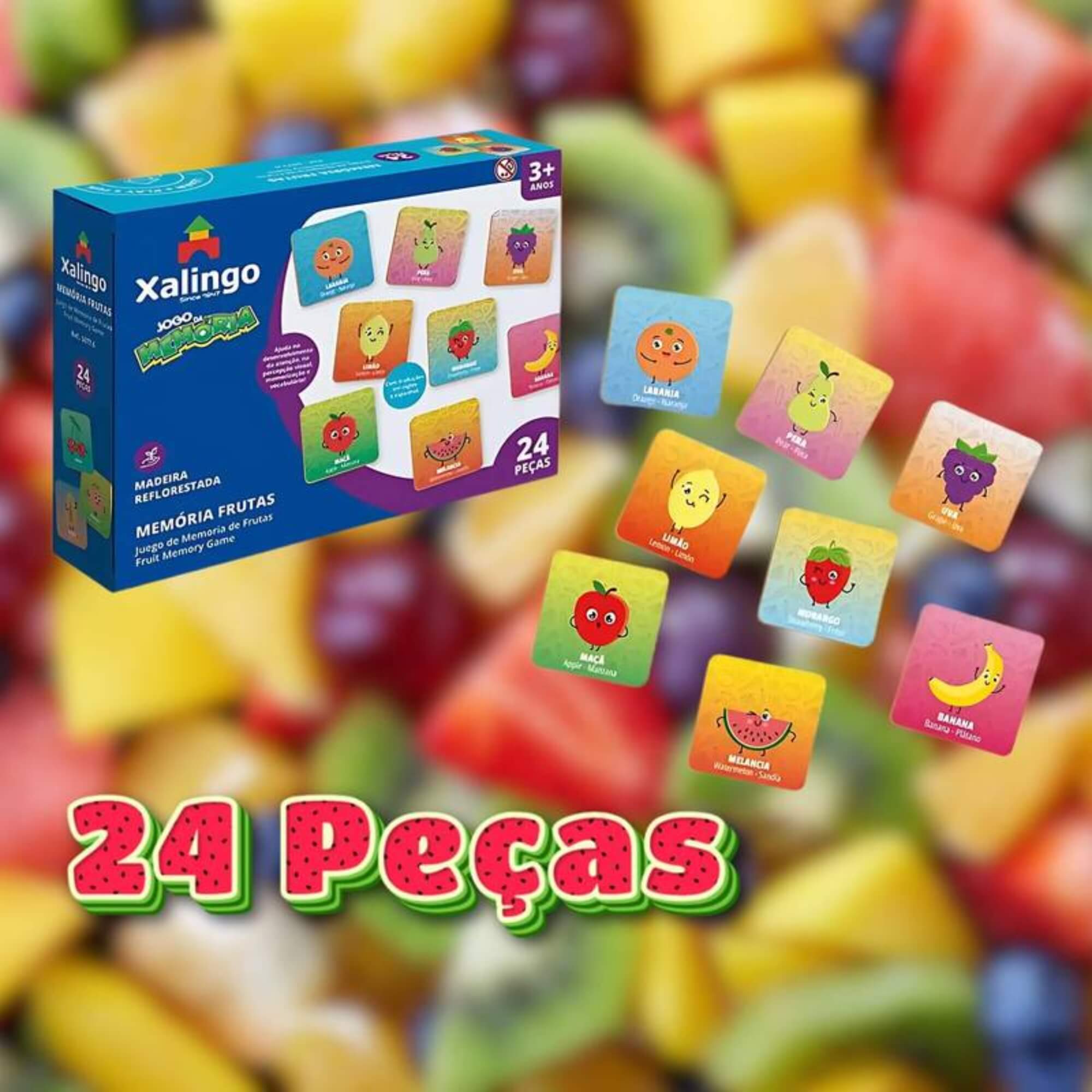 Jogo da Memória Frutas Infantil 24 Peças Madeira Brinquedo Educativo Xalingo - 50776