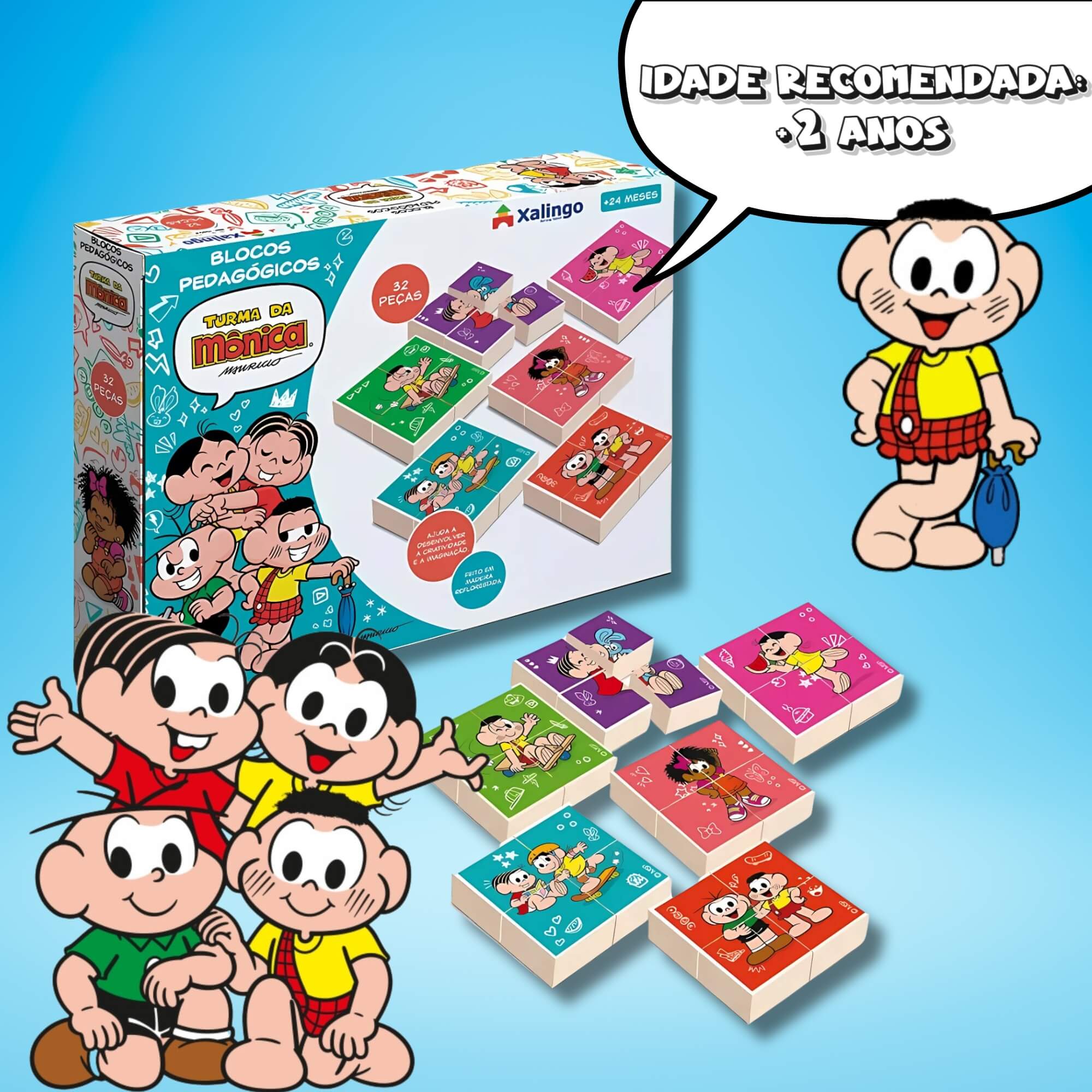 Brinquedo Infantil Blocos de Montar Pedagógicos Turma da Mônica 32 peças Xalingo - 10609