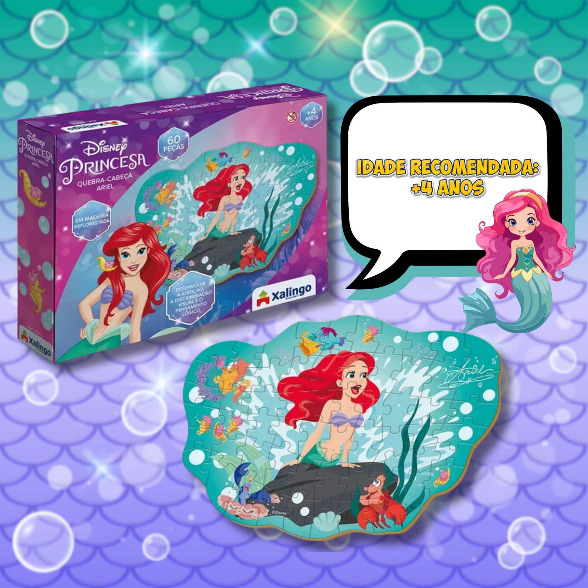 Jogo Quebra-Cabeça Infantil Ariel A Pequena Sereia Disney 60 Peças Xalingo - 19976