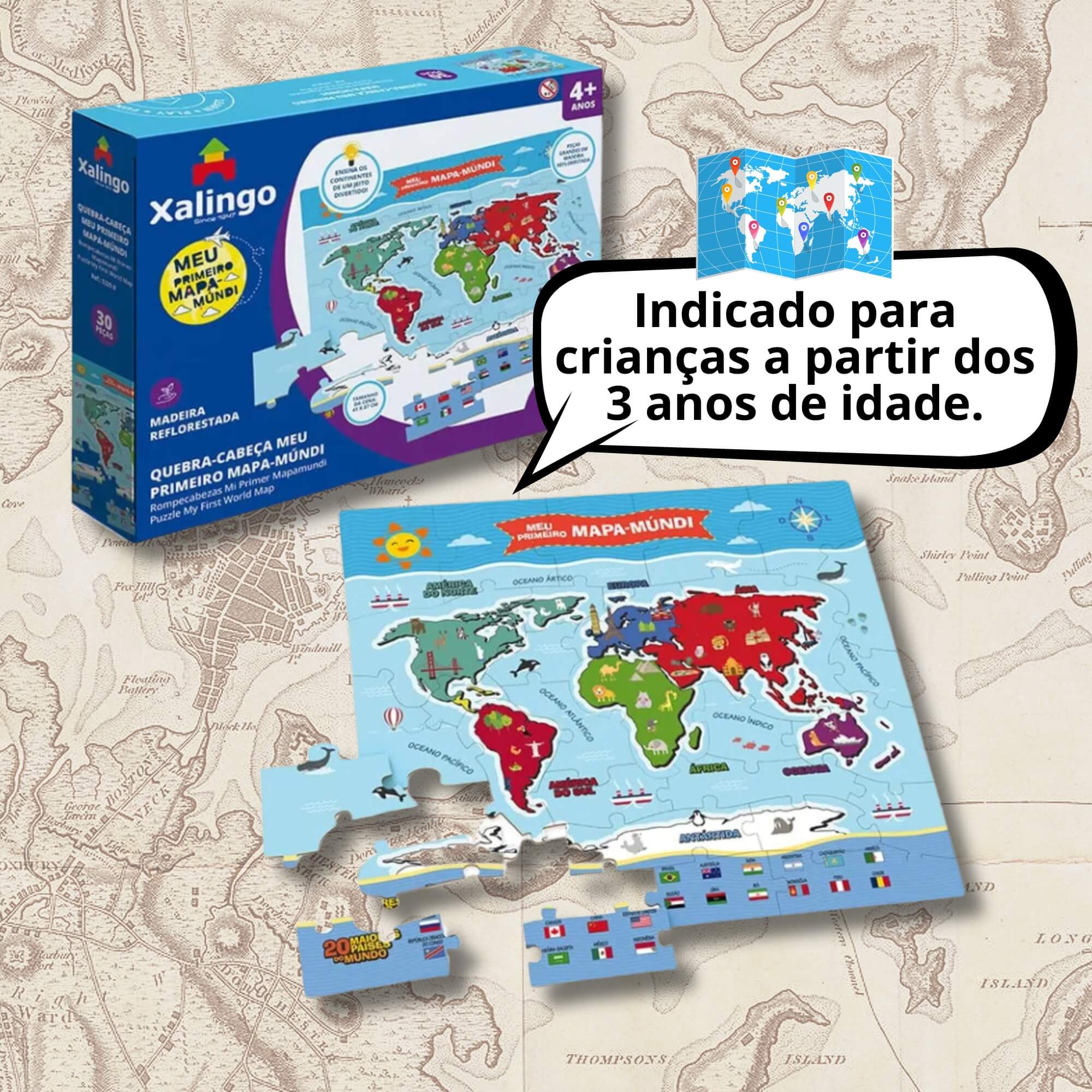 Jogo Infantil Quebra-Cabeça Meu Primeiro Mapa-Múndi com 30 Peças Xalingo - 53298
