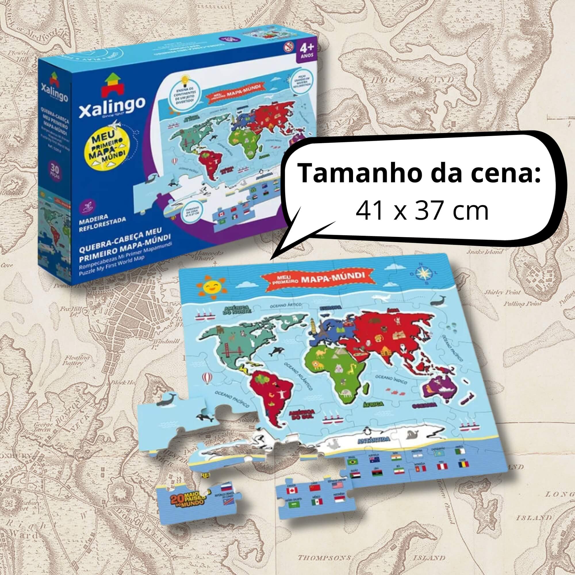 Jogo Infantil Quebra-Cabeça Meu Primeiro Mapa-Múndi com 30 Peças Xalingo - 53298