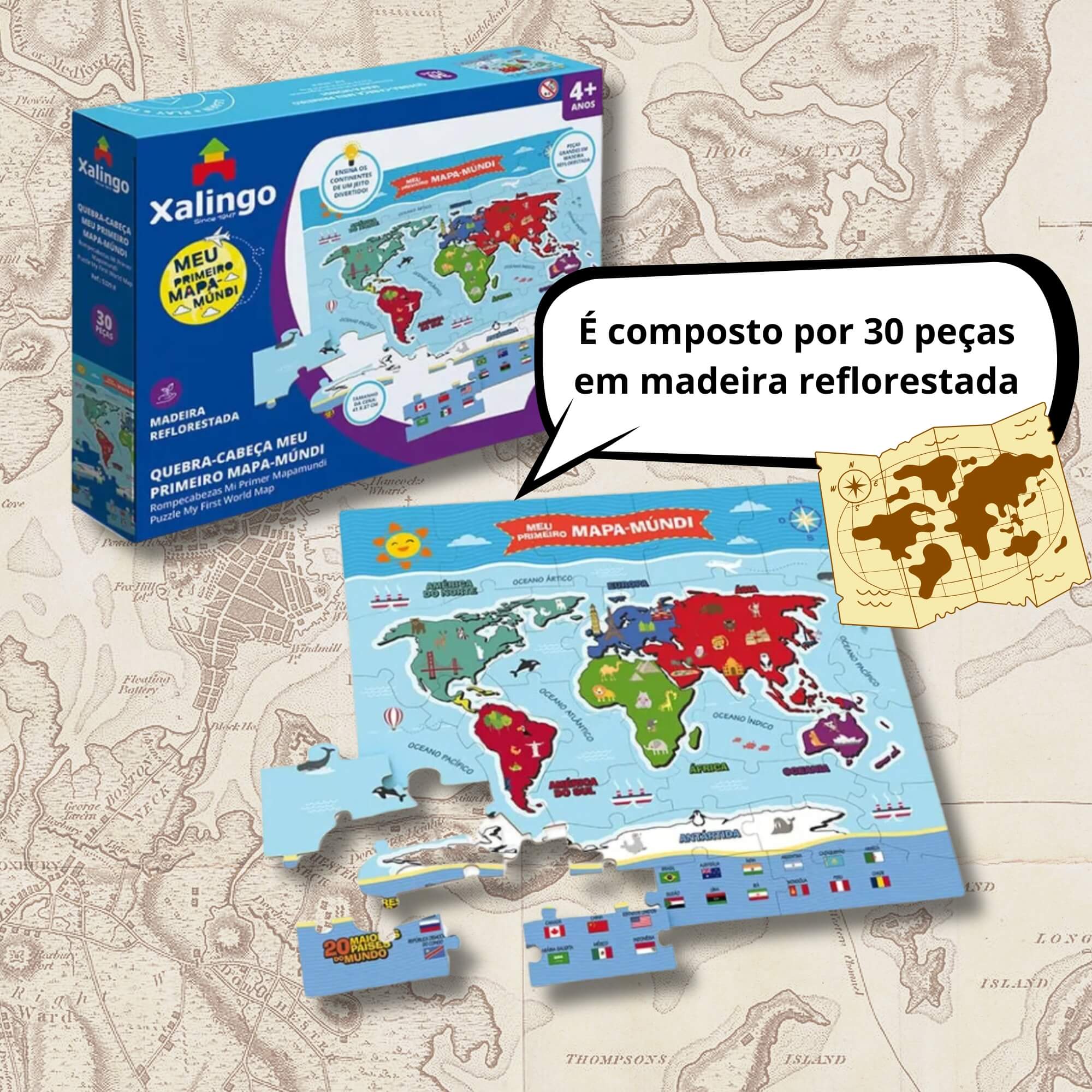 Jogo Infantil Quebra-Cabeça Meu Primeiro Mapa-Múndi com 30 Peças Xalingo - 53298