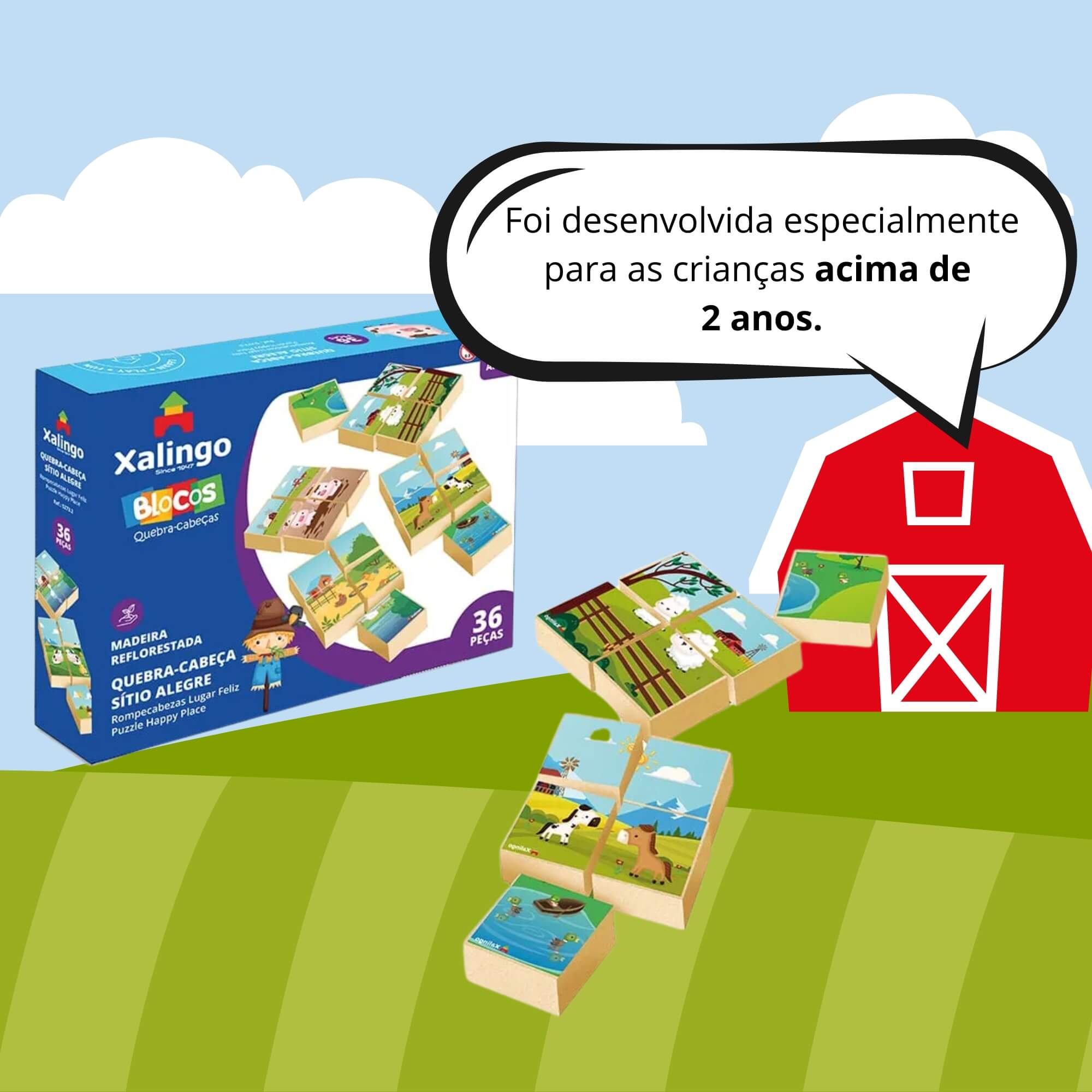 Brinquedo Infantil Blocos Quebra-Cabeça Sítio Alegre 36 Peças Xalingo - 52732
