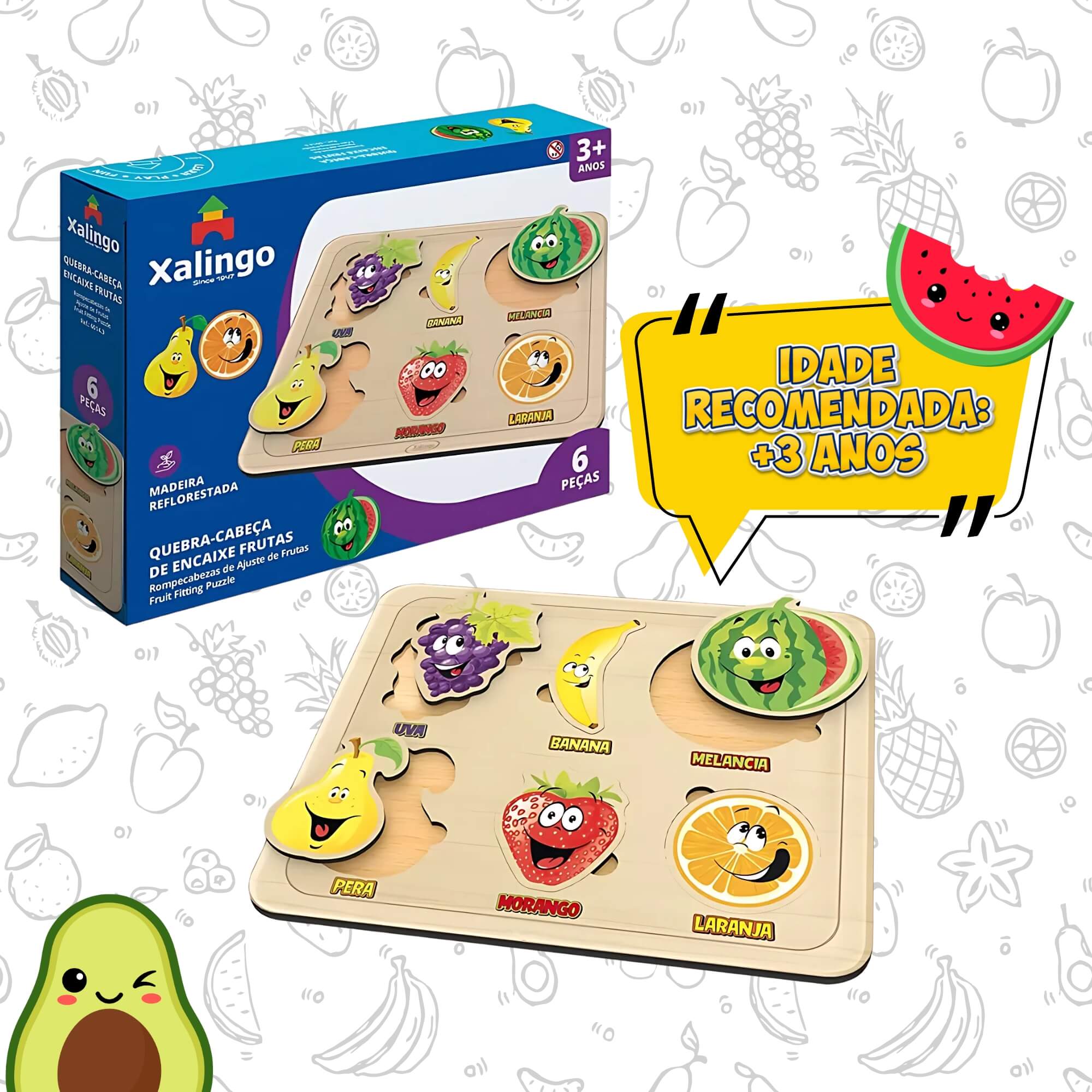 Jogo Quebra-Cabeça Infantil de Encaixe Frutas 6 Peças Xalingo - 60143