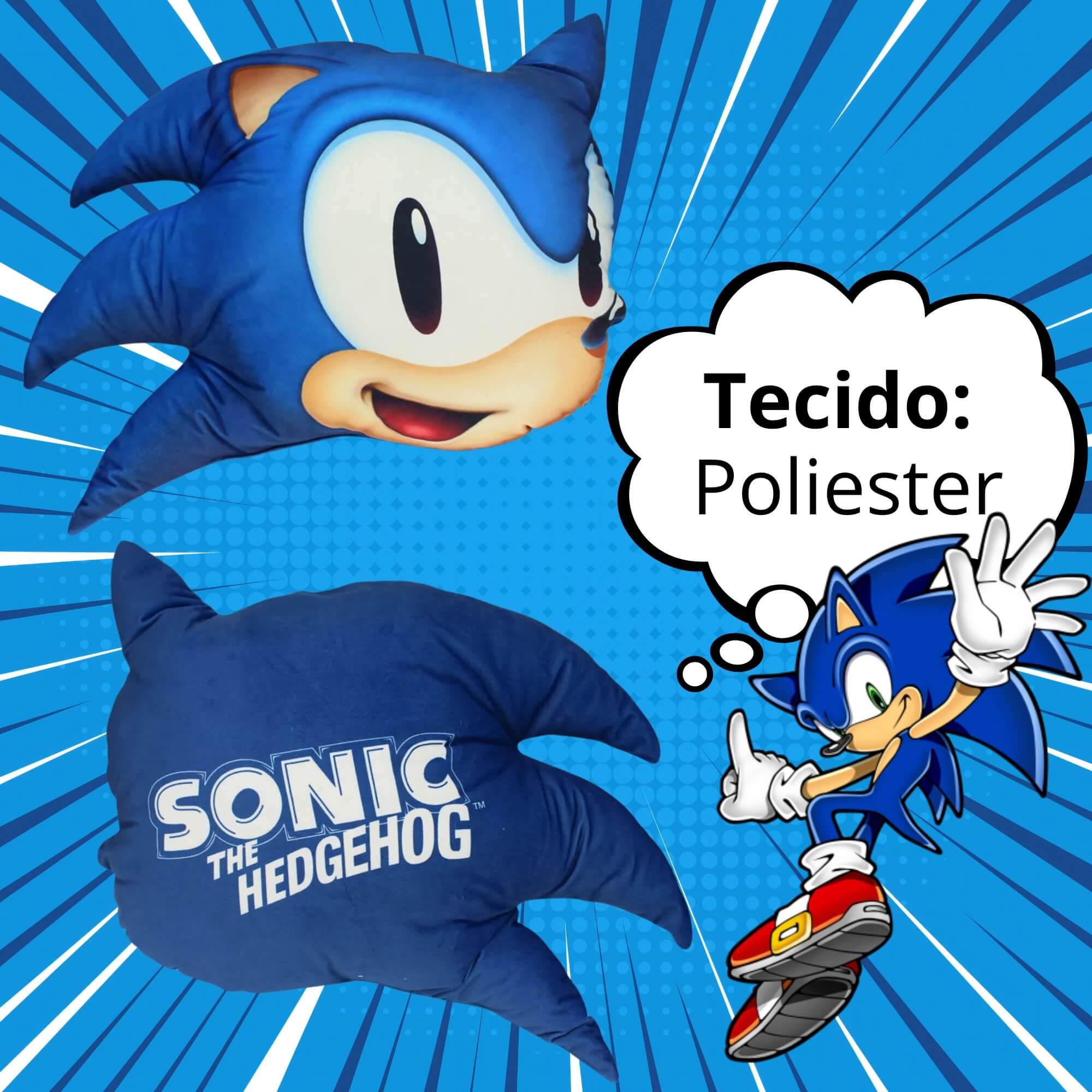 Almofada Formato Cabeça Sonic Speed Poliester Zona Criativa - 10064788