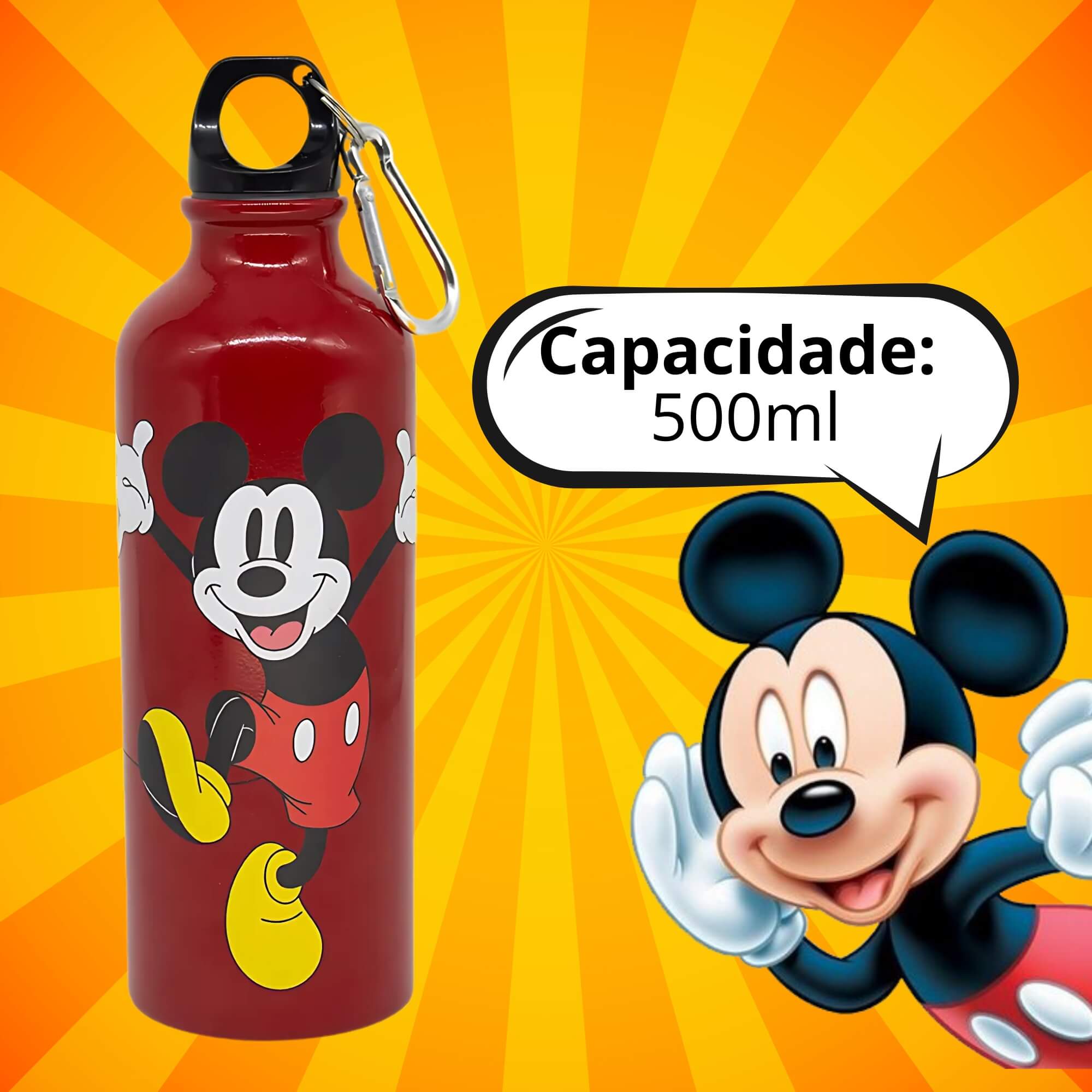 Garrafa com Mosquetão Mickey Mouse 500ml Disney Zona Criativa - 10073089