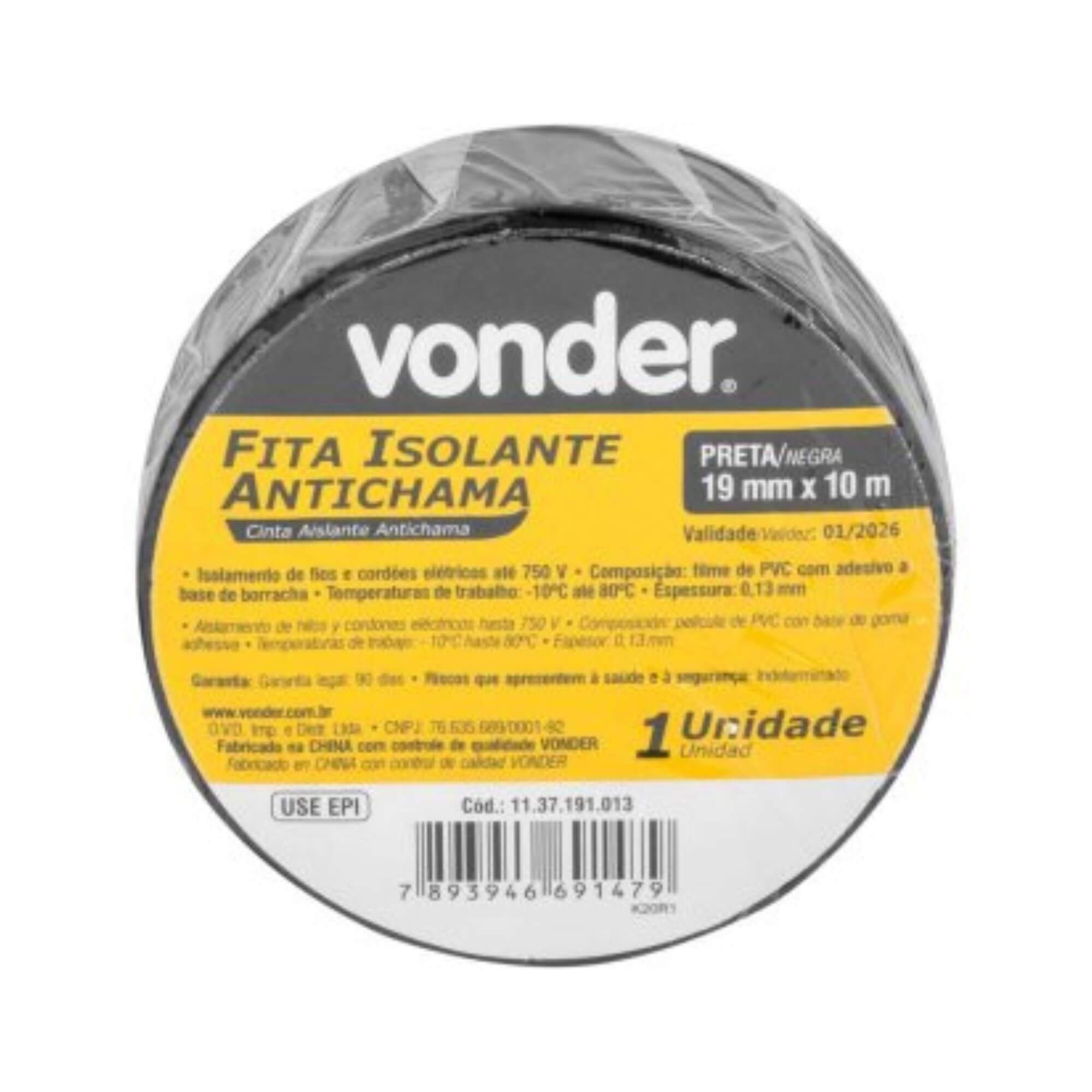 COMP Kit com 10 Fitas Isolantes Antichamas 19mm x 10m Preta Vonder - 1137191013