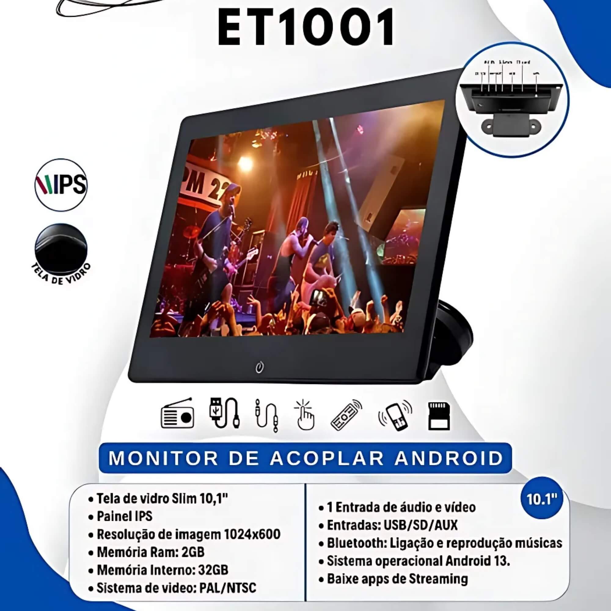 Tela de Encosto Traseira Smart Mídia Universal Acoplar 10" Pol. Slim Android 2+32GB H-Tech - ET1001