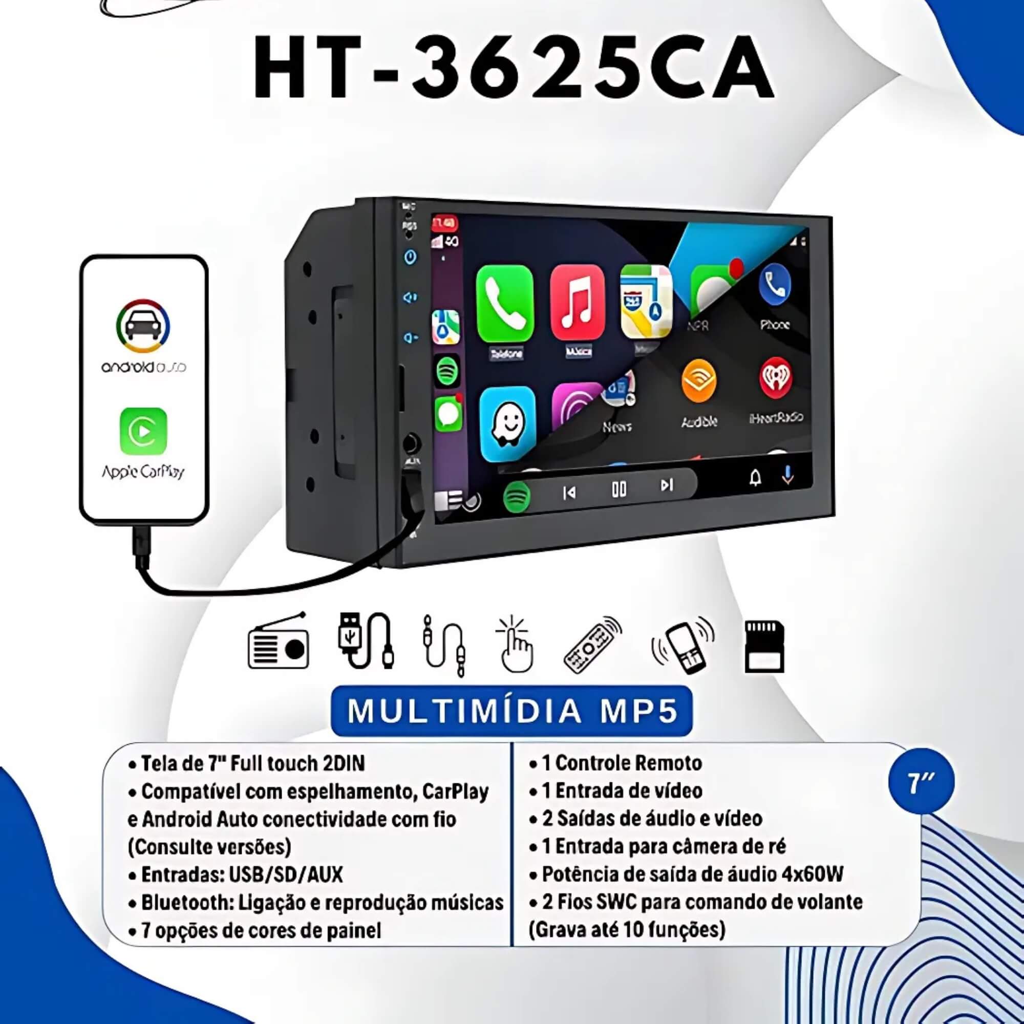 Multimídia MP5 2 DIN 7" Pol. USB/SD/CARD/AUX/BT Car Play Android Auto Full Touch H-Tech - HT-3625CA
