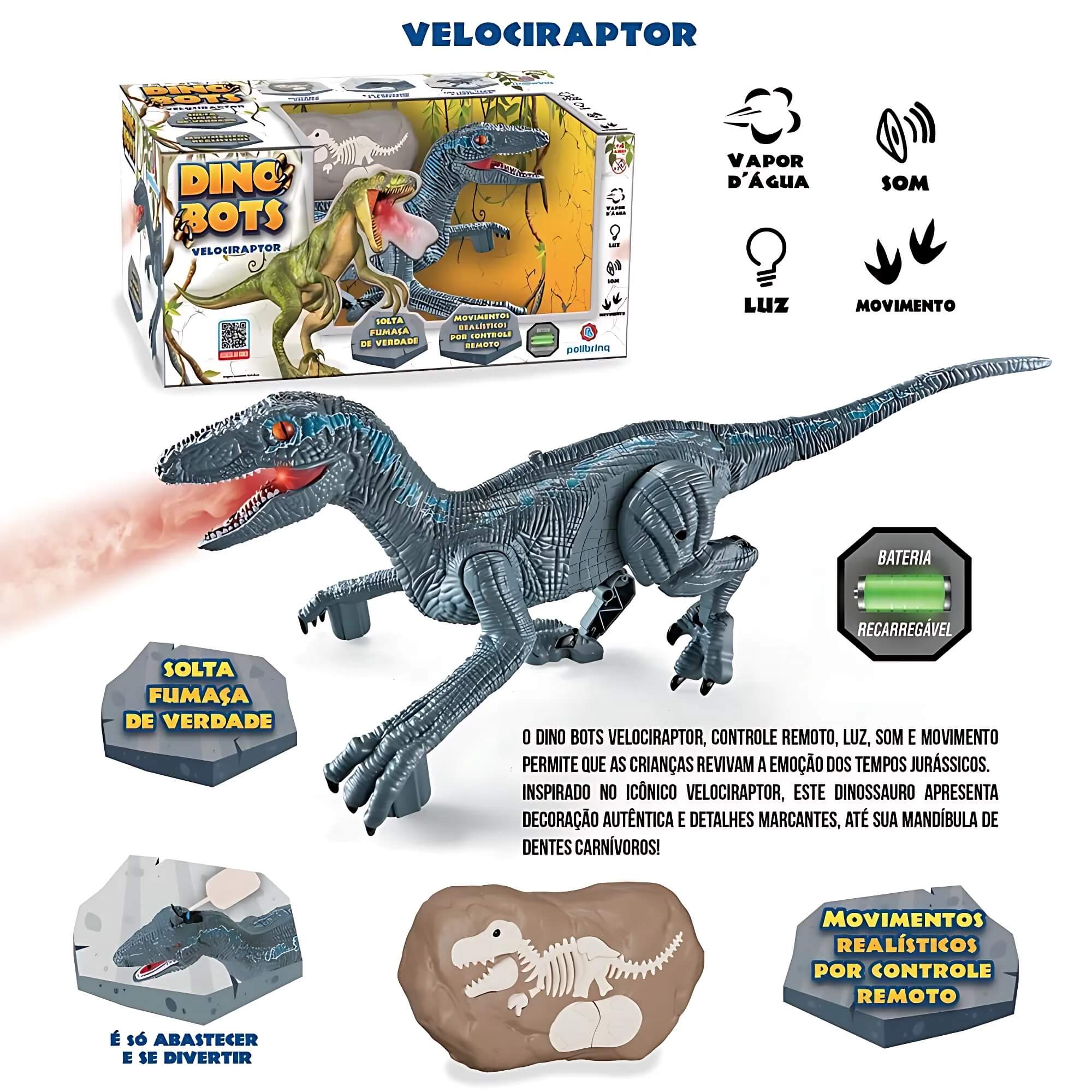 Brinquedo Infantil Boneco Dino Bots Velociraptor com Controle Remoto Polibrinq - AN2033