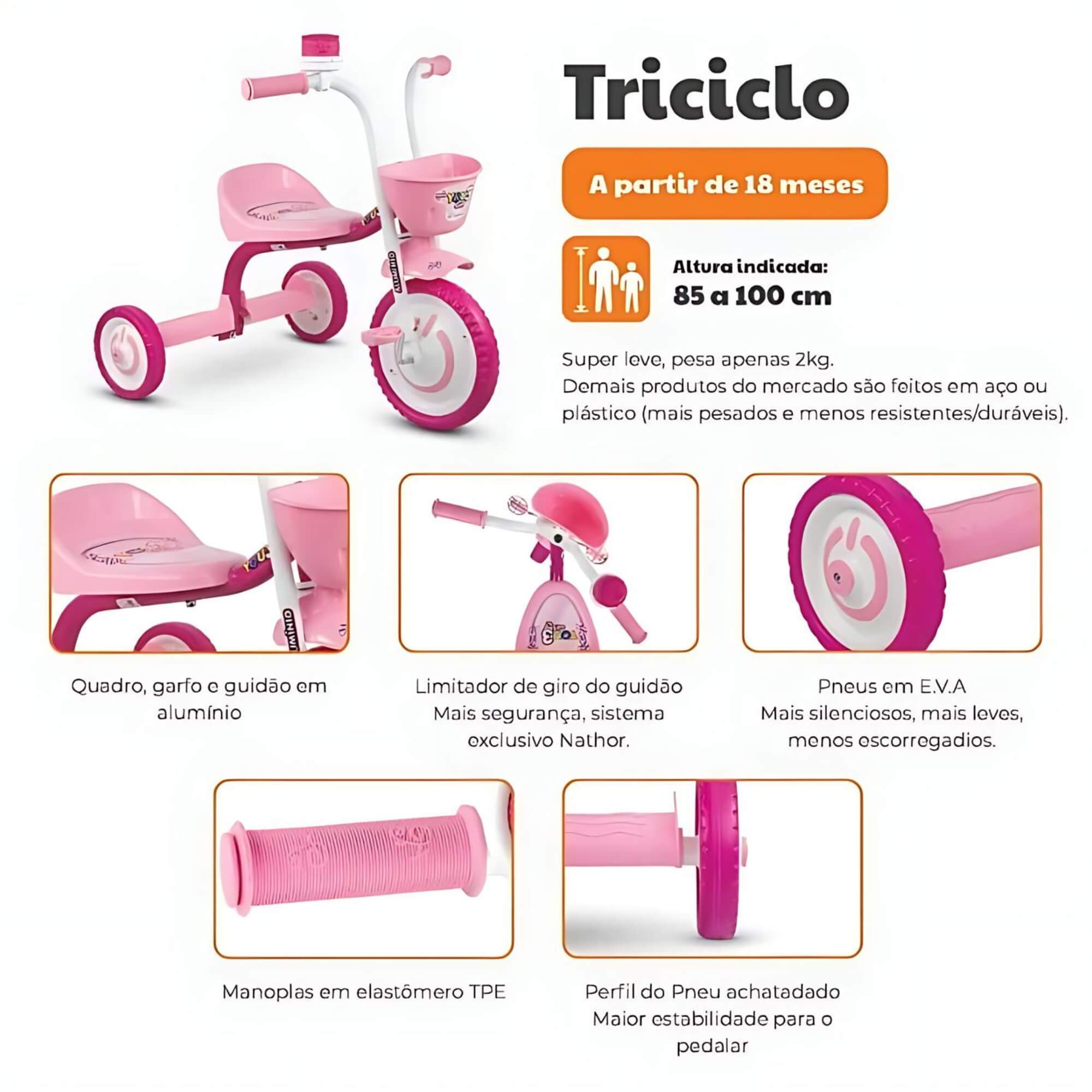 Triciclo Infantil com Cestinha Buzina Cor Azul e Rosa Charm Nathor - 100510160009