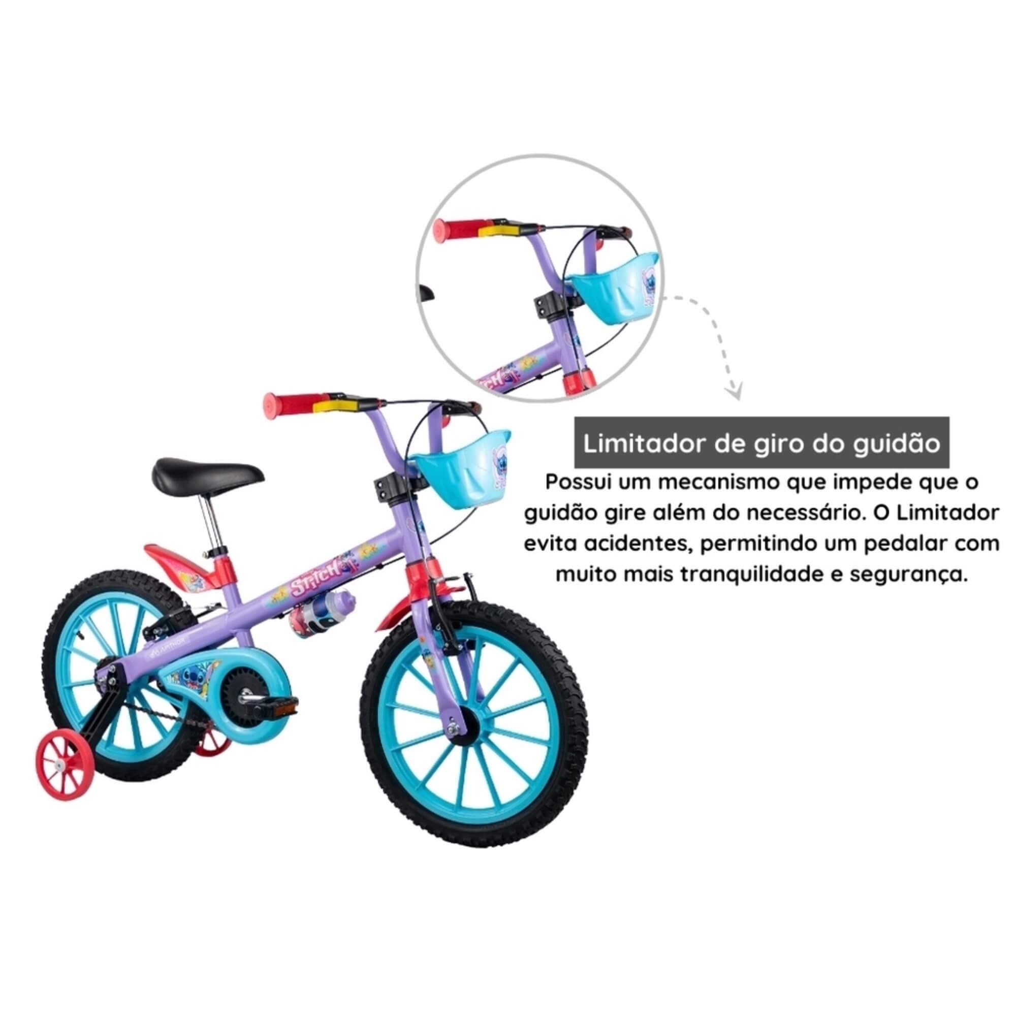 Bicicleta Infantil Stitch Aro 16" com Rodinhas Cestinha Garrafinha Nathor - 101250160006
