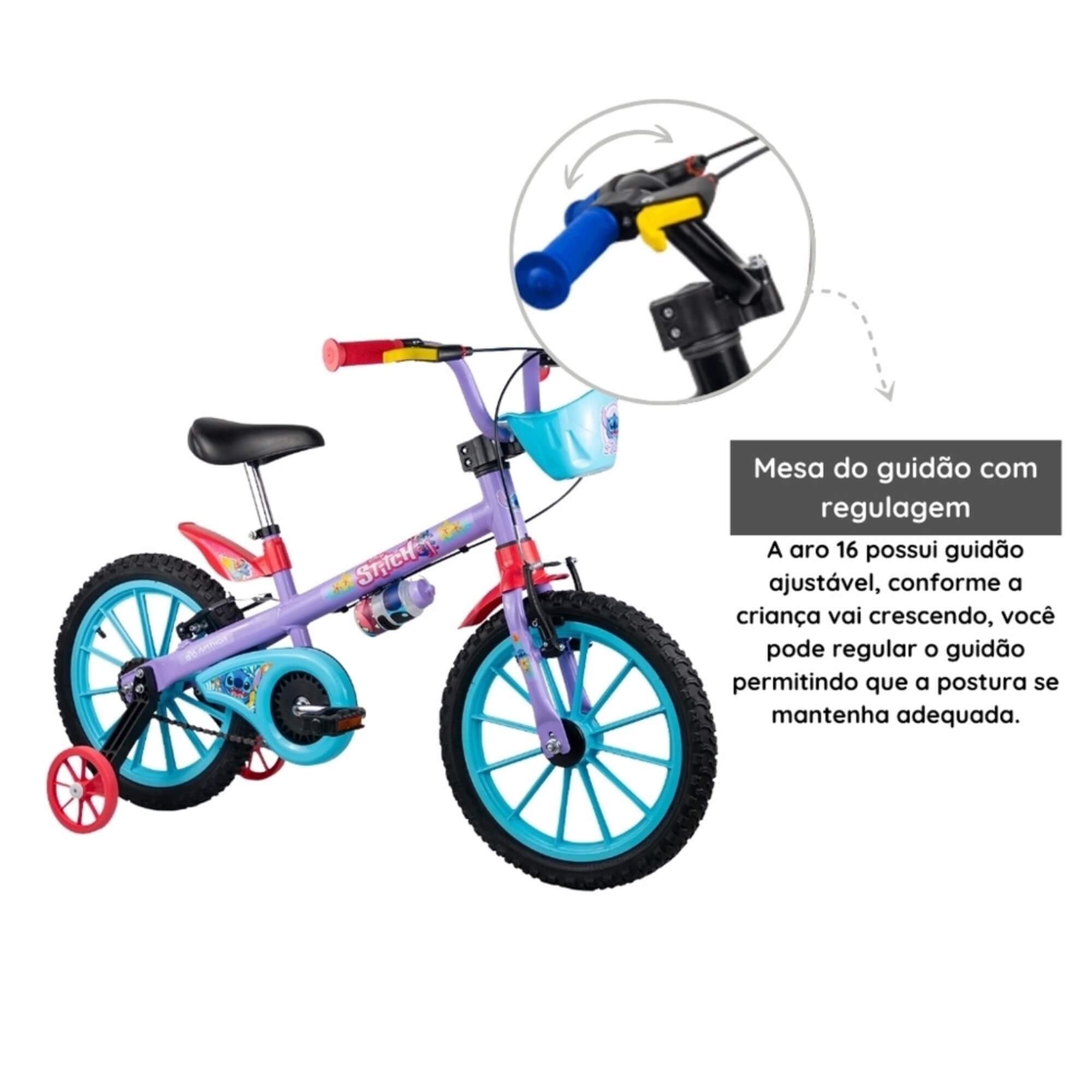 Bicicleta Infantil Stitch Aro 16" com Rodinhas Cestinha Garrafinha Nathor - 101250160006