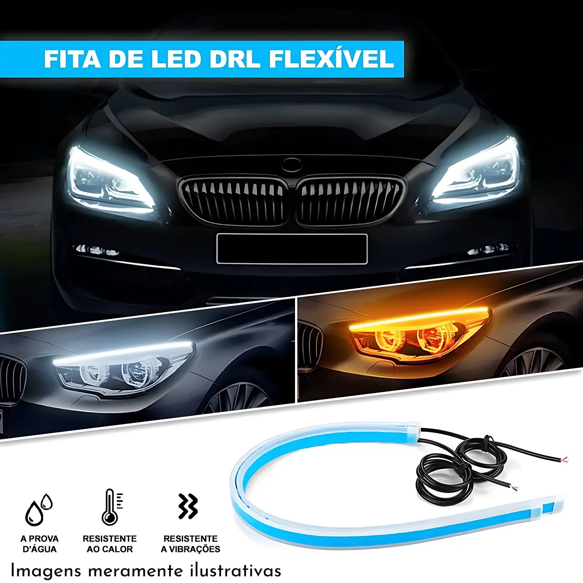 Fita LED Automotiva Branca / Âmbar DRL c/ Função Seta 30cm 12V JR8 - JH0FILED30