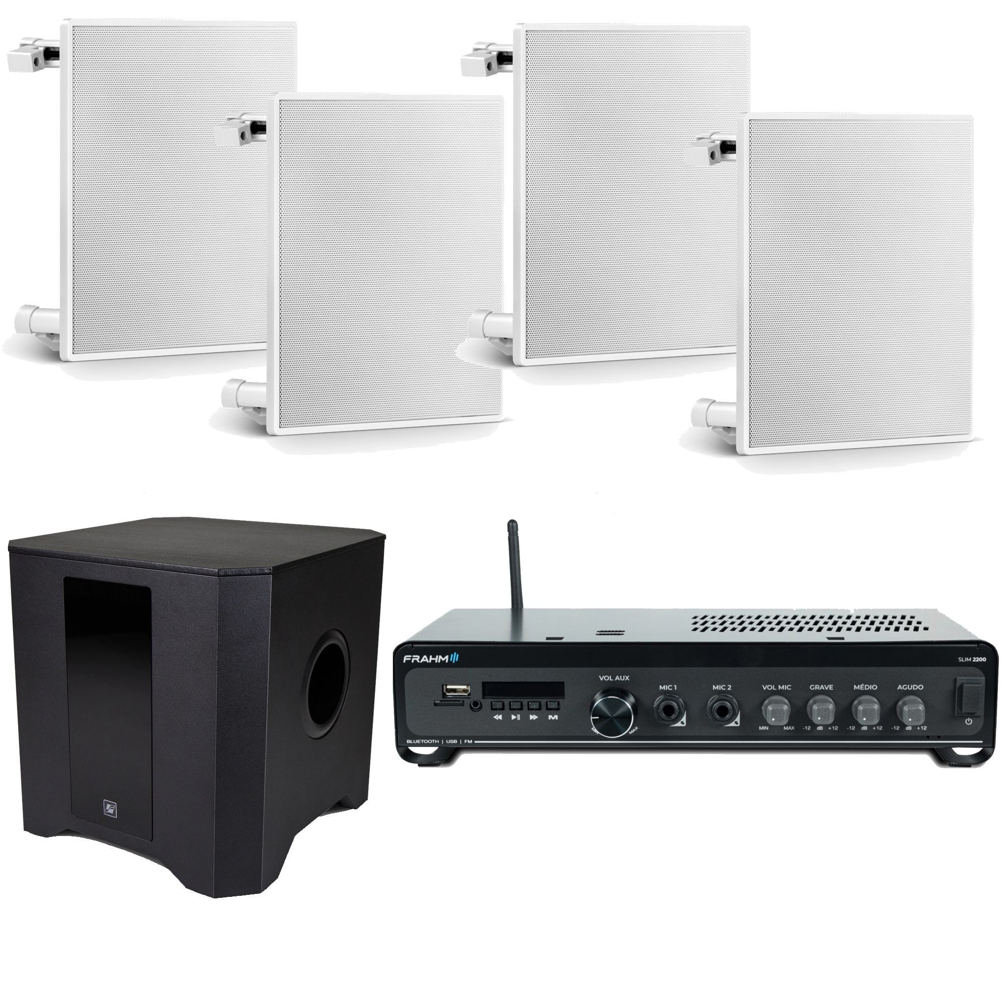 COMP Kit Amplificador Comércio Slim 2200 + 4 Arandelas + 1 Sub RD SW8 Barbearias e Lojas de Shopping