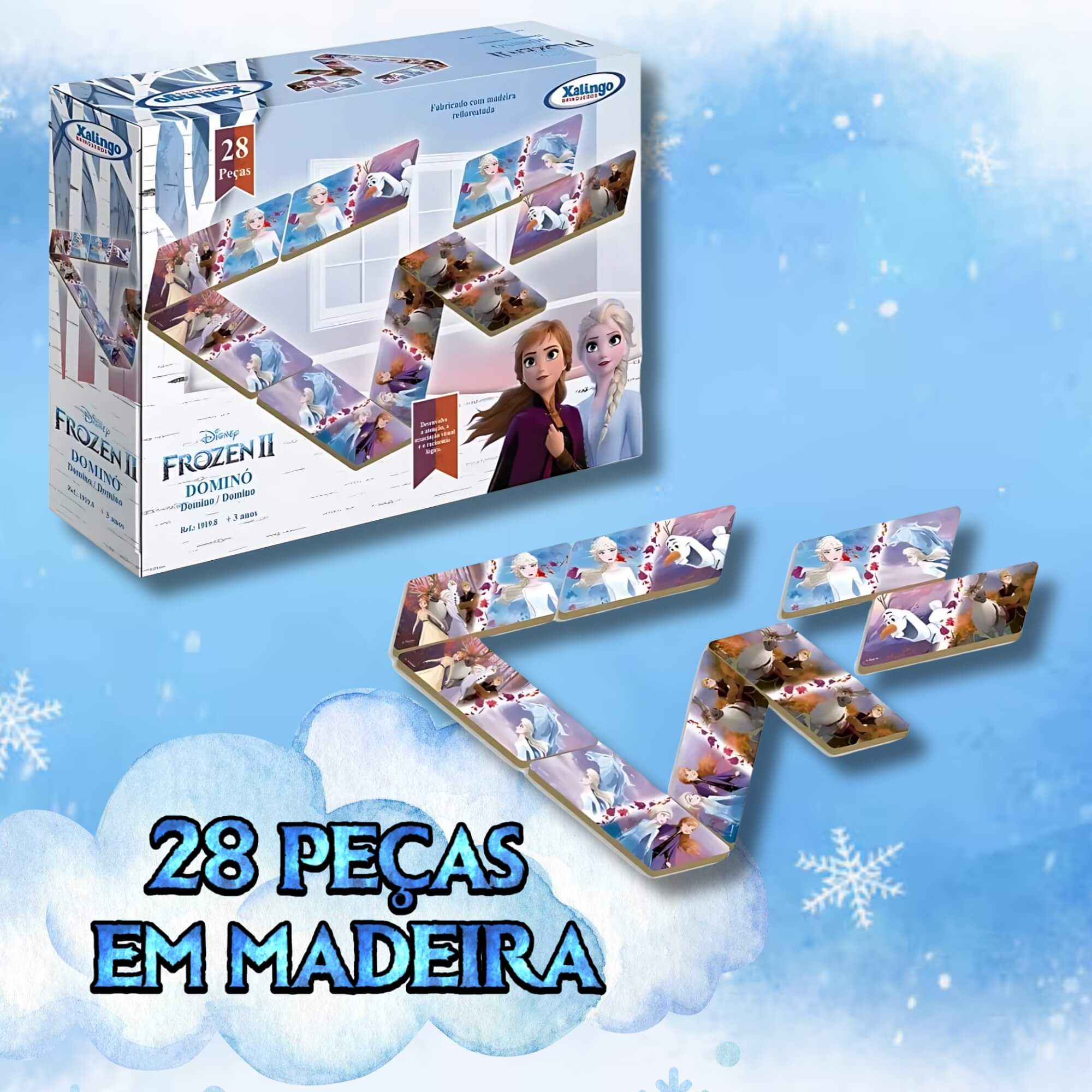 Jogo Dominó Infantil Educativo +3 Anos Em Madeira C/ 28 Peças Disney Frozen 2 Xalingo - 19198