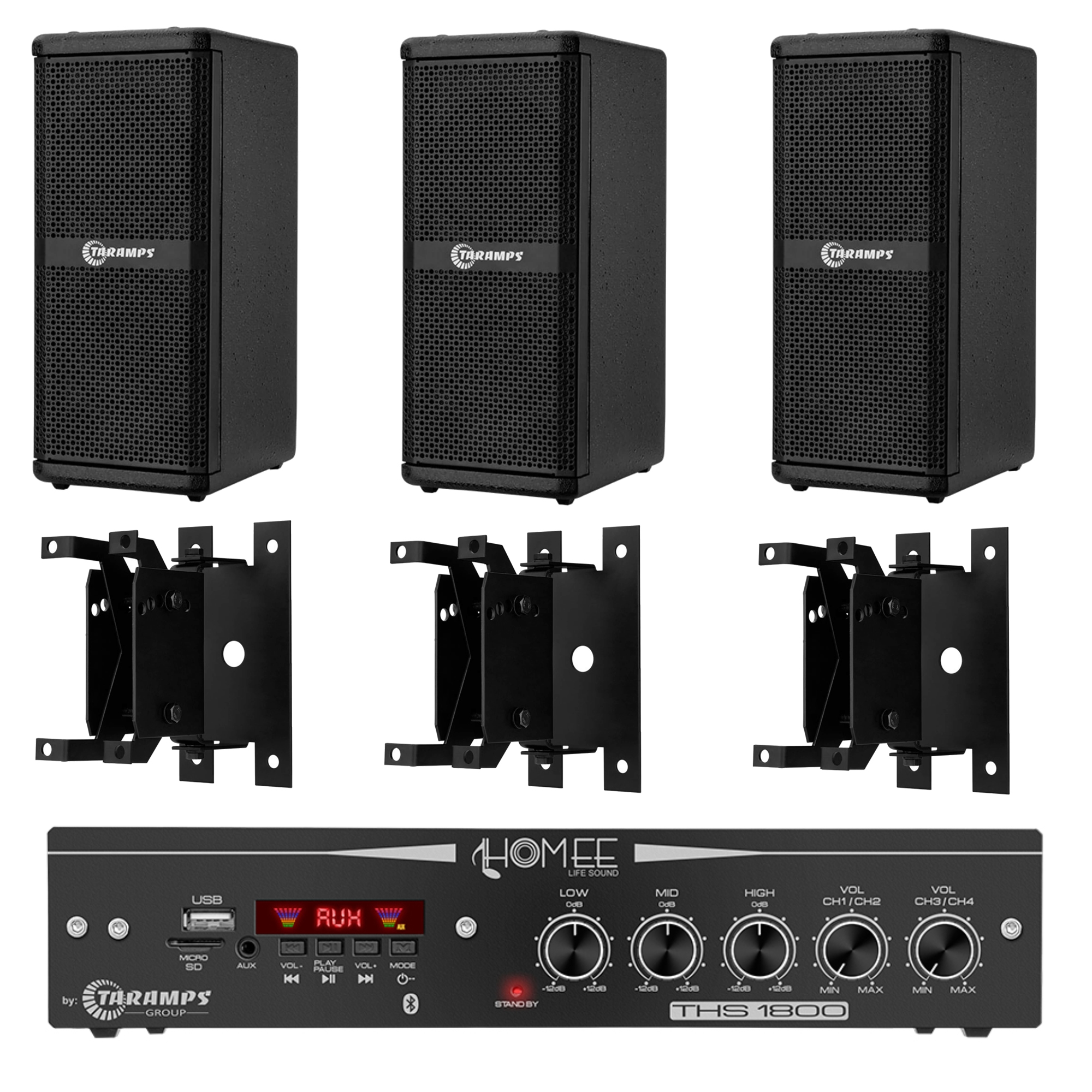 COMP Kit Amplificador Taramps THS 1800 + 3 Caixas 200.2HF + 3 Suportes
