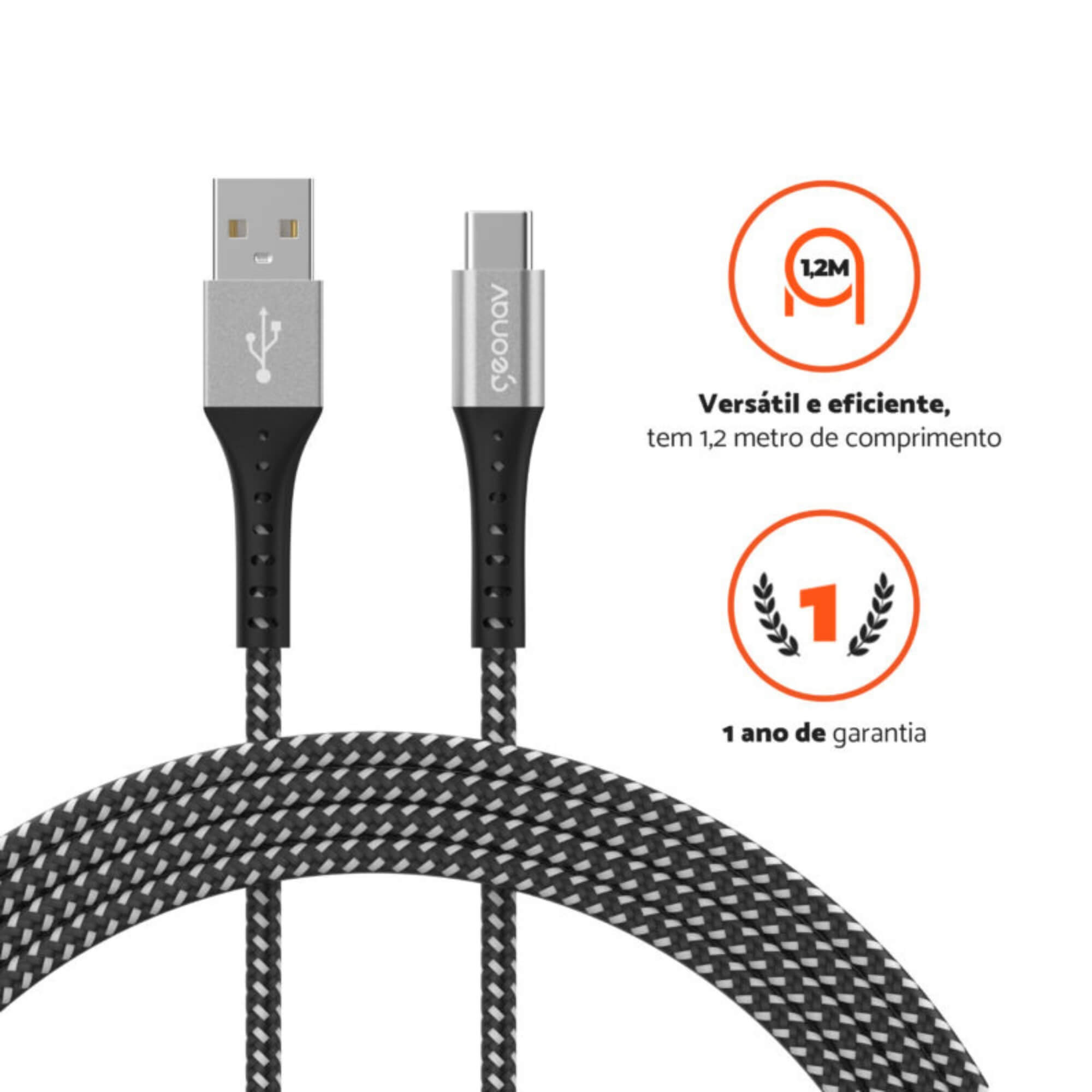 Cabo USB-C P/ USB-A de Nylon Trançado Conector de Alumínio Preto e Branco 1.20m Geonav - ESC05BK