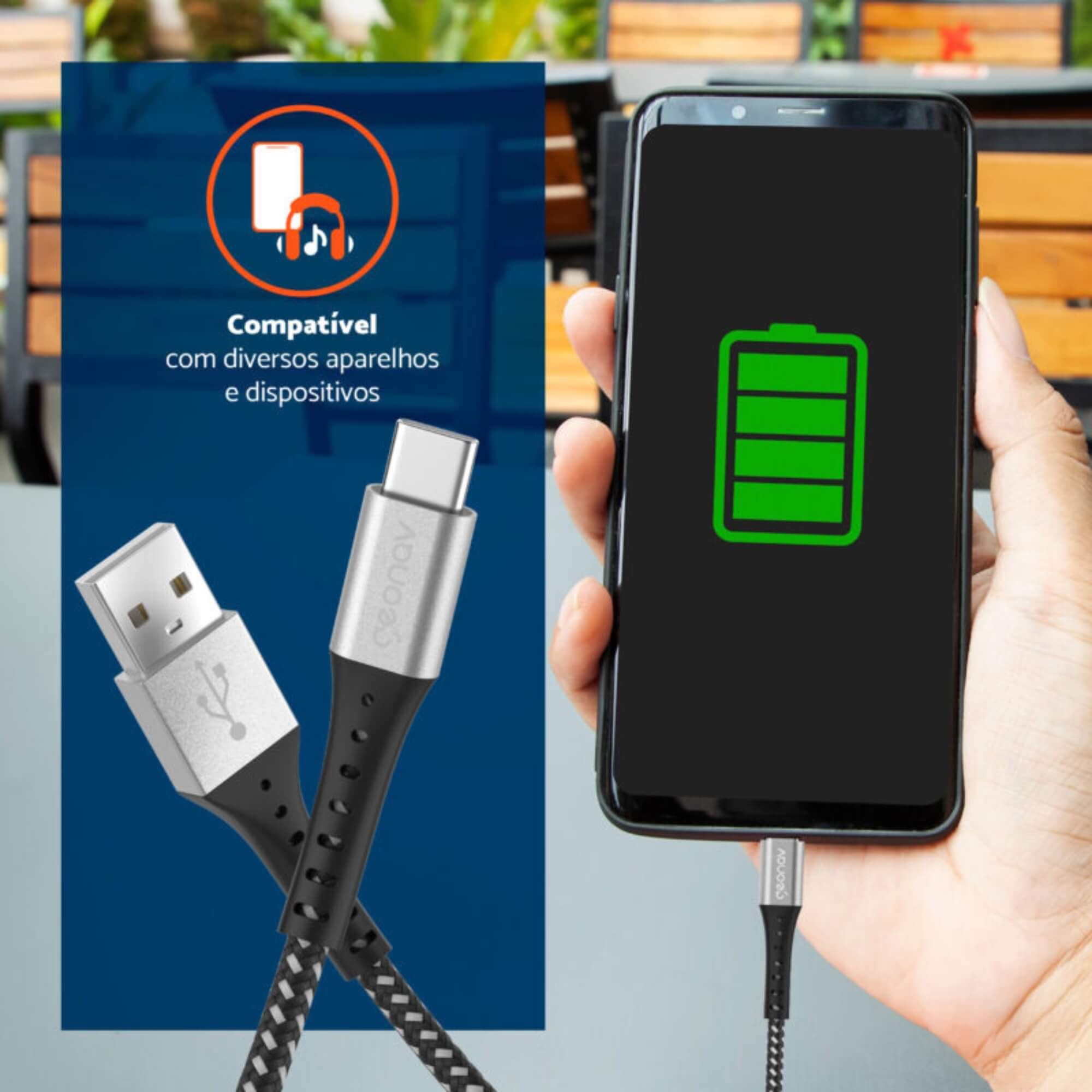 Cabo USB-C P/ USB-A de Nylon Trançado Conector de Alumínio Preto e Branco 1.20m Geonav - ESC05BK