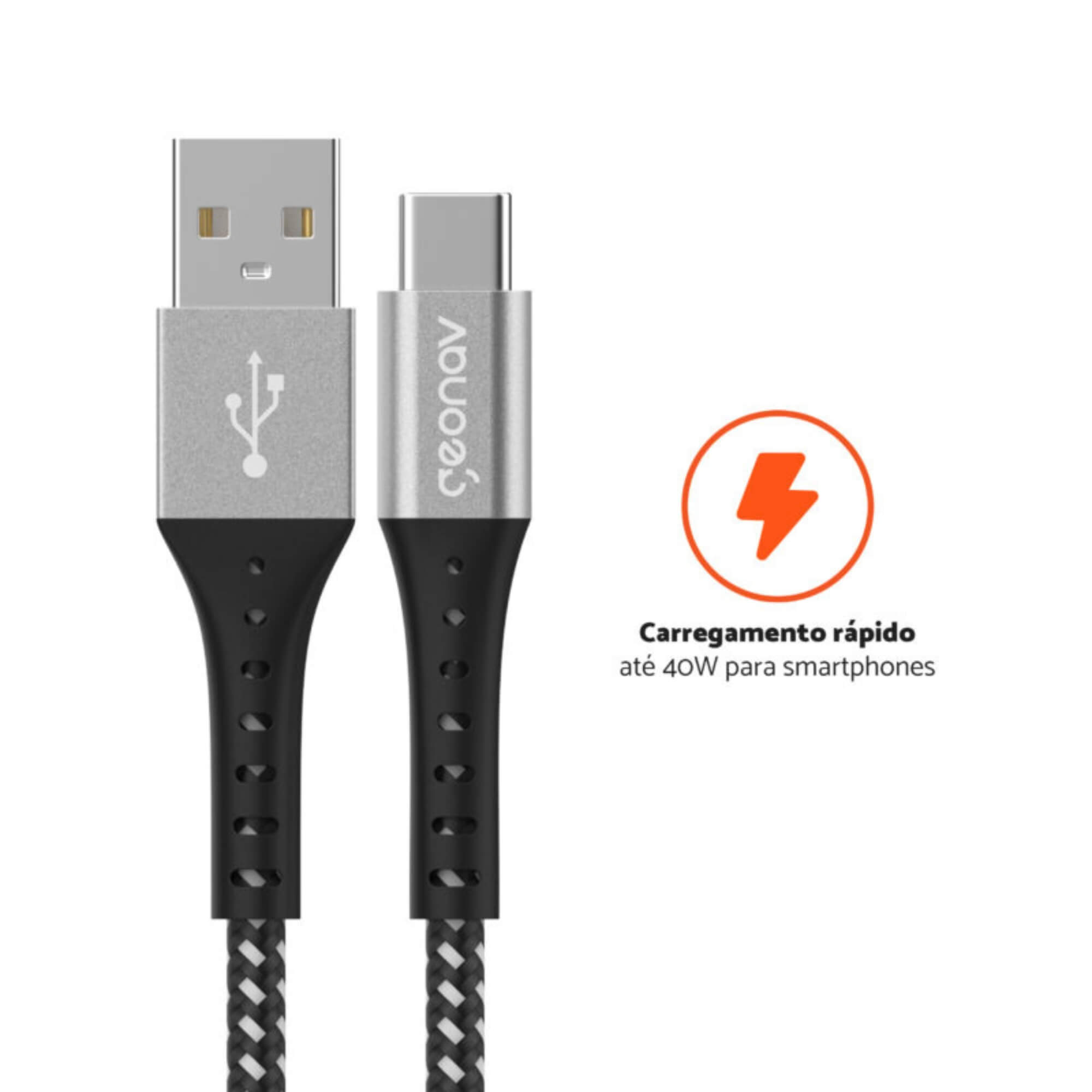 Cabo USB-C P/ USB-A de Nylon Trançado Conector de Alumínio Preto e Branco 1.20m Geonav - ESC05BK