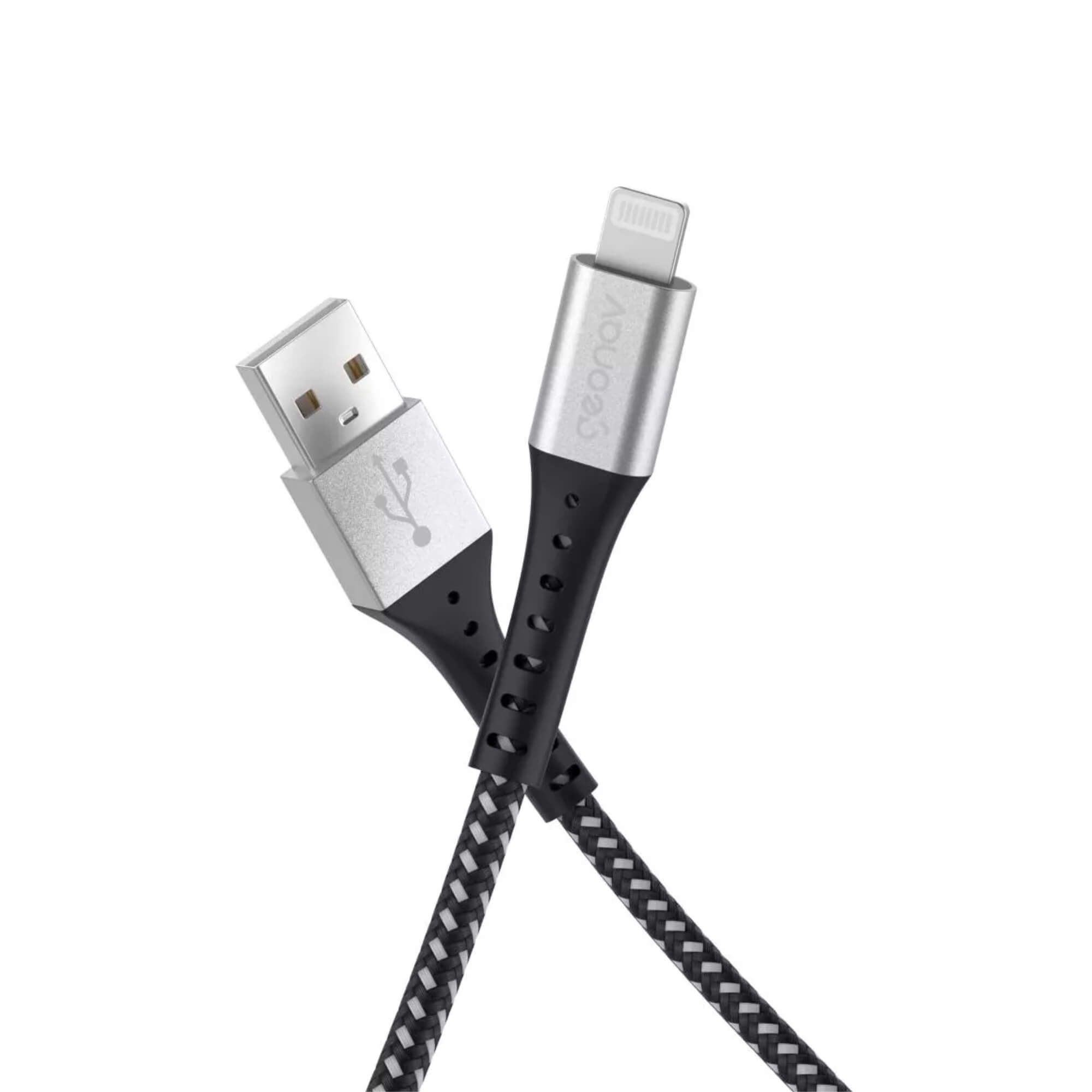 Cabo Lightning Nylon Trançado Conector de Alumínio c/ Trama Preta e Branca 1,2m Geonav - ESLIBK