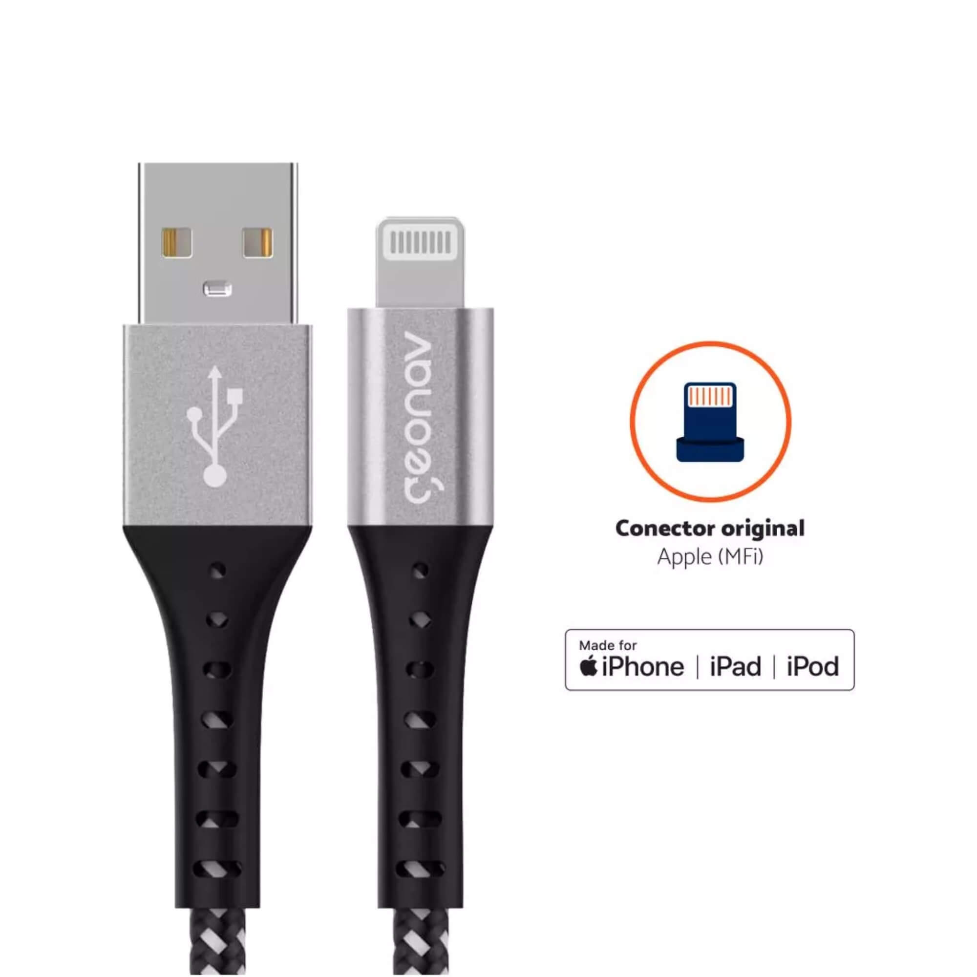 Cabo Lightning Nylon Trançado Conector de Alumínio c/ Trama Preta e Branca 1,2m Geonav - ESLIBK