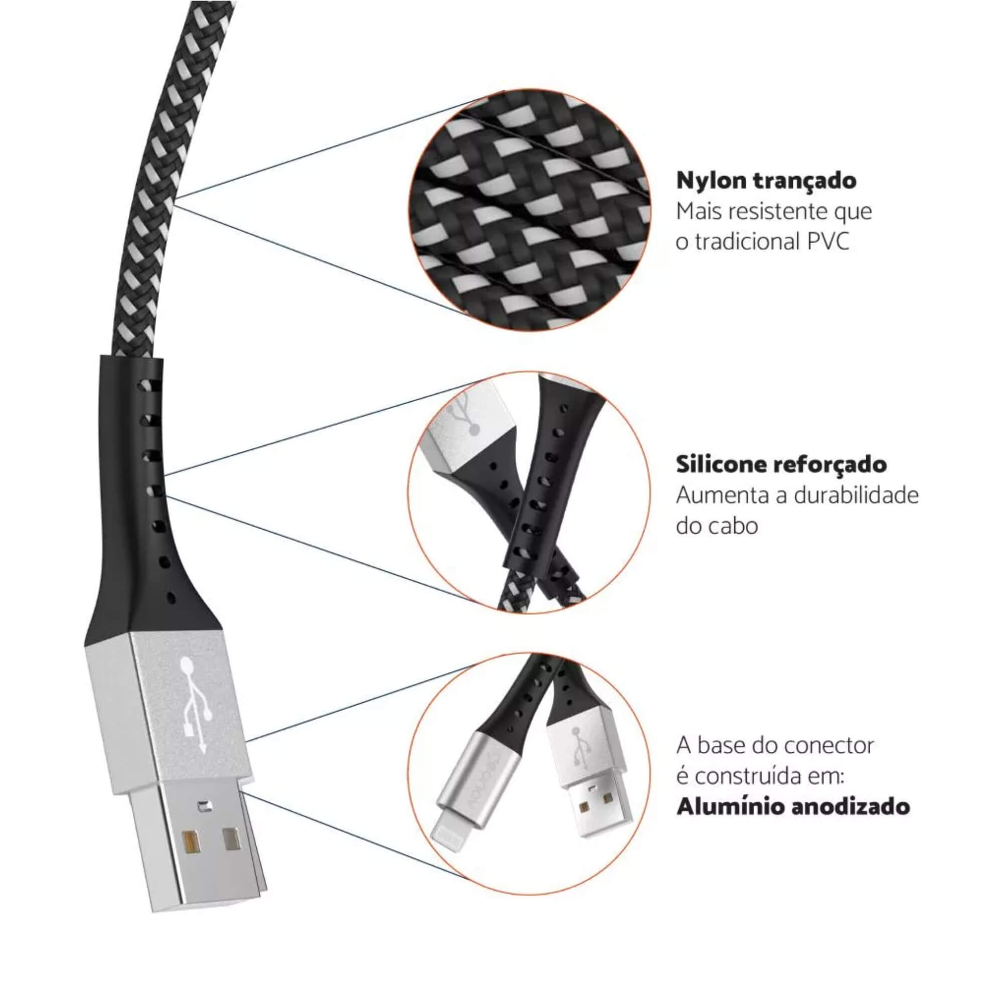 Cabo Lightning Nylon Trançado Conector de Alumínio c/ Trama Preta e Branca 1,2m Geonav - ESLIBK
