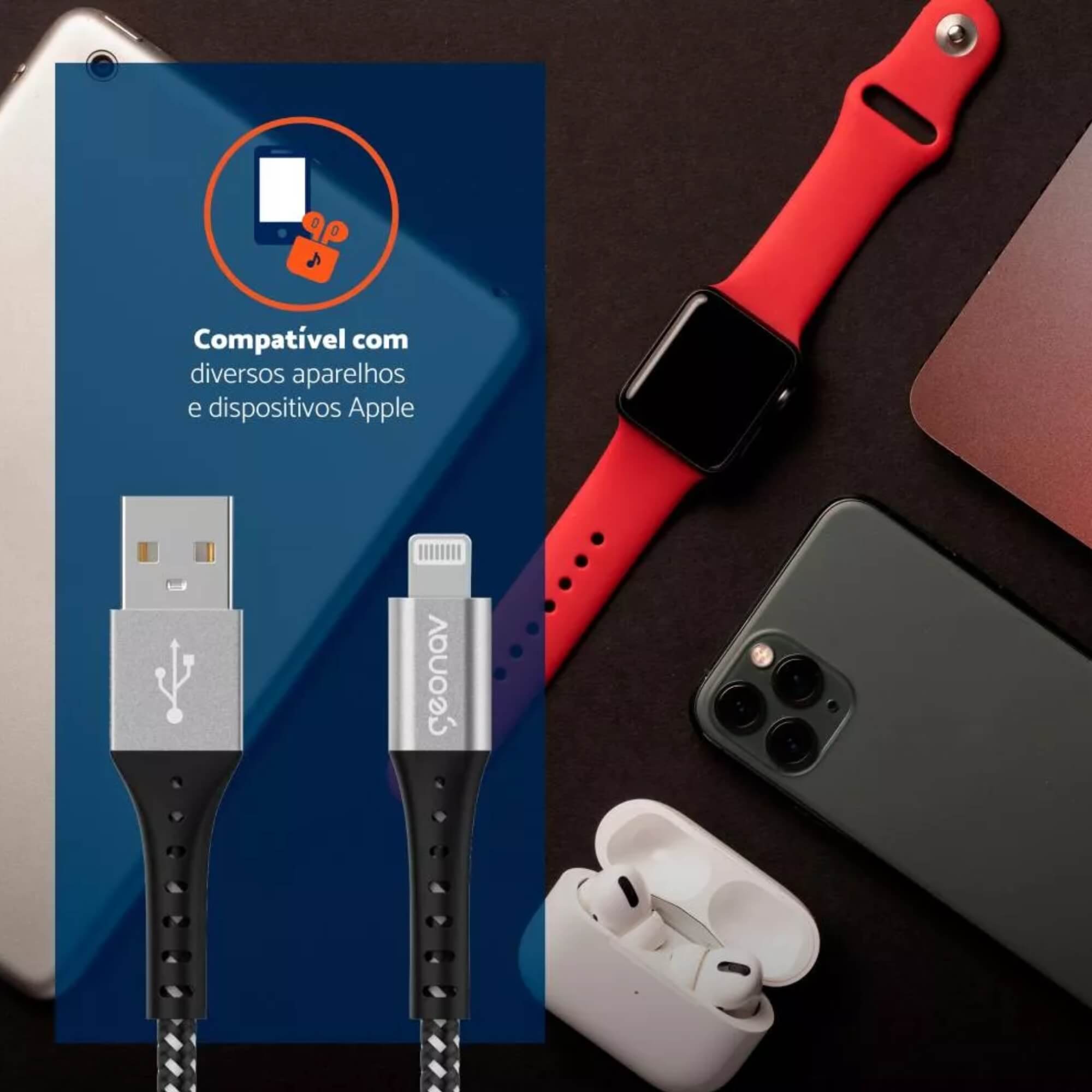Cabo Lightning Nylon Trançado Conector de Alumínio c/ Trama Preta e Branca 1,2m Geonav - ESLIBK