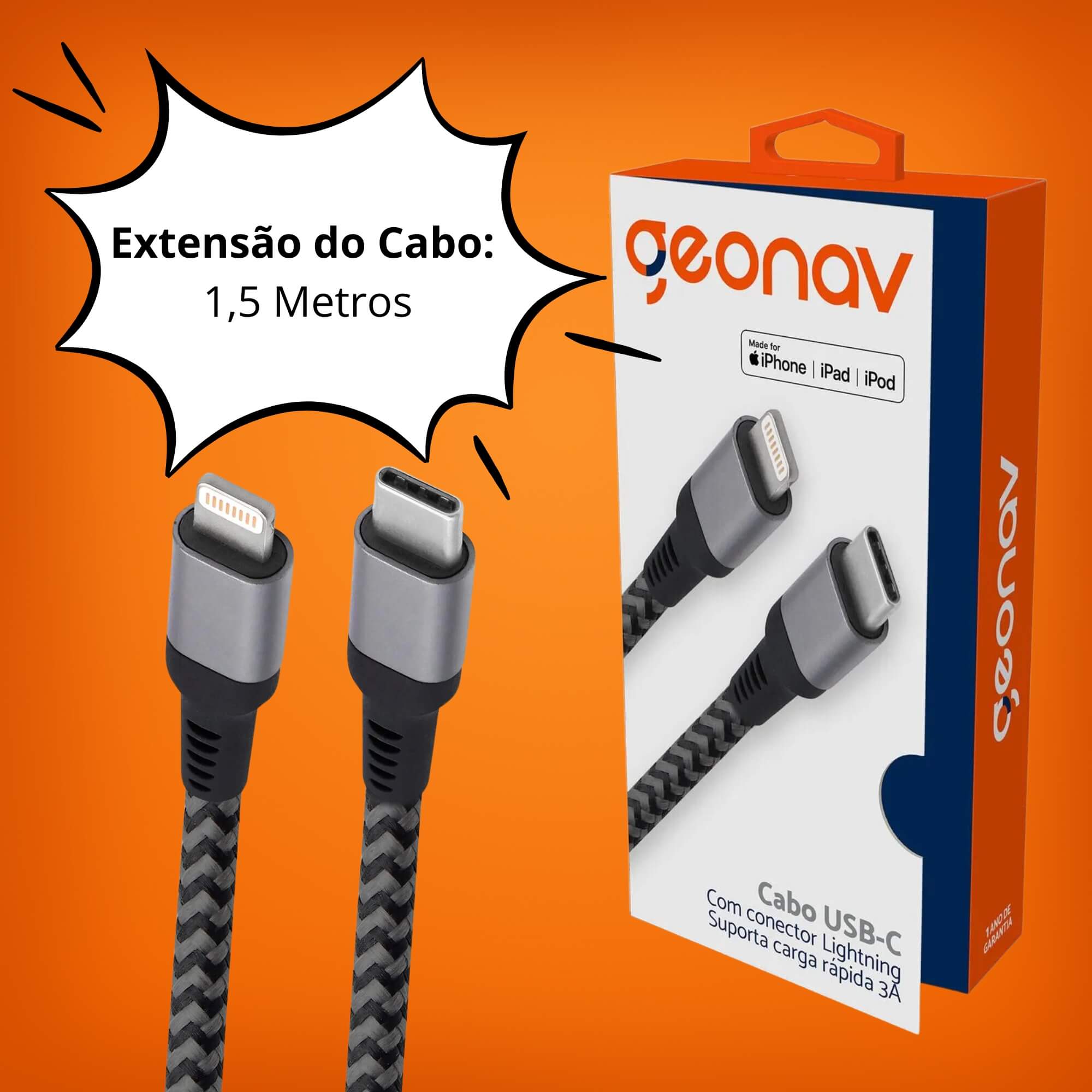 Cabo Lightning USB-C 1 com 1,5m para iPod, iPhone e iPad Geonav - LIUC01