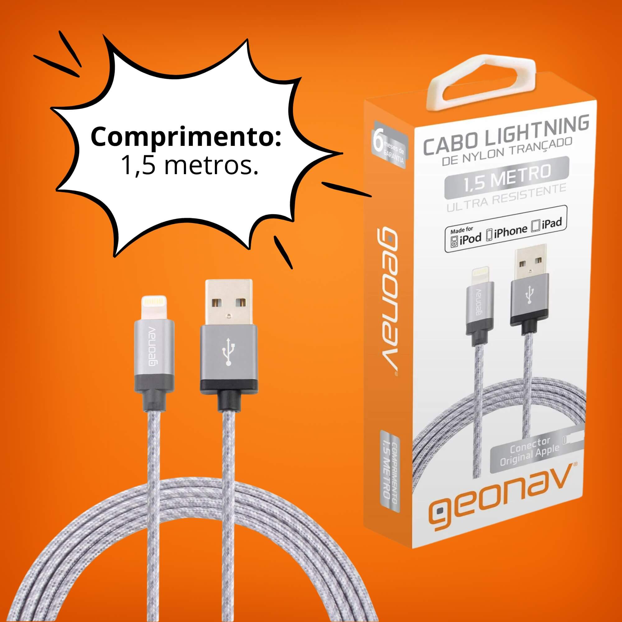 Cabo Lightning MFi para iPhone, iPad e iPod com 1,5 Metros Geonav - LIGH10T