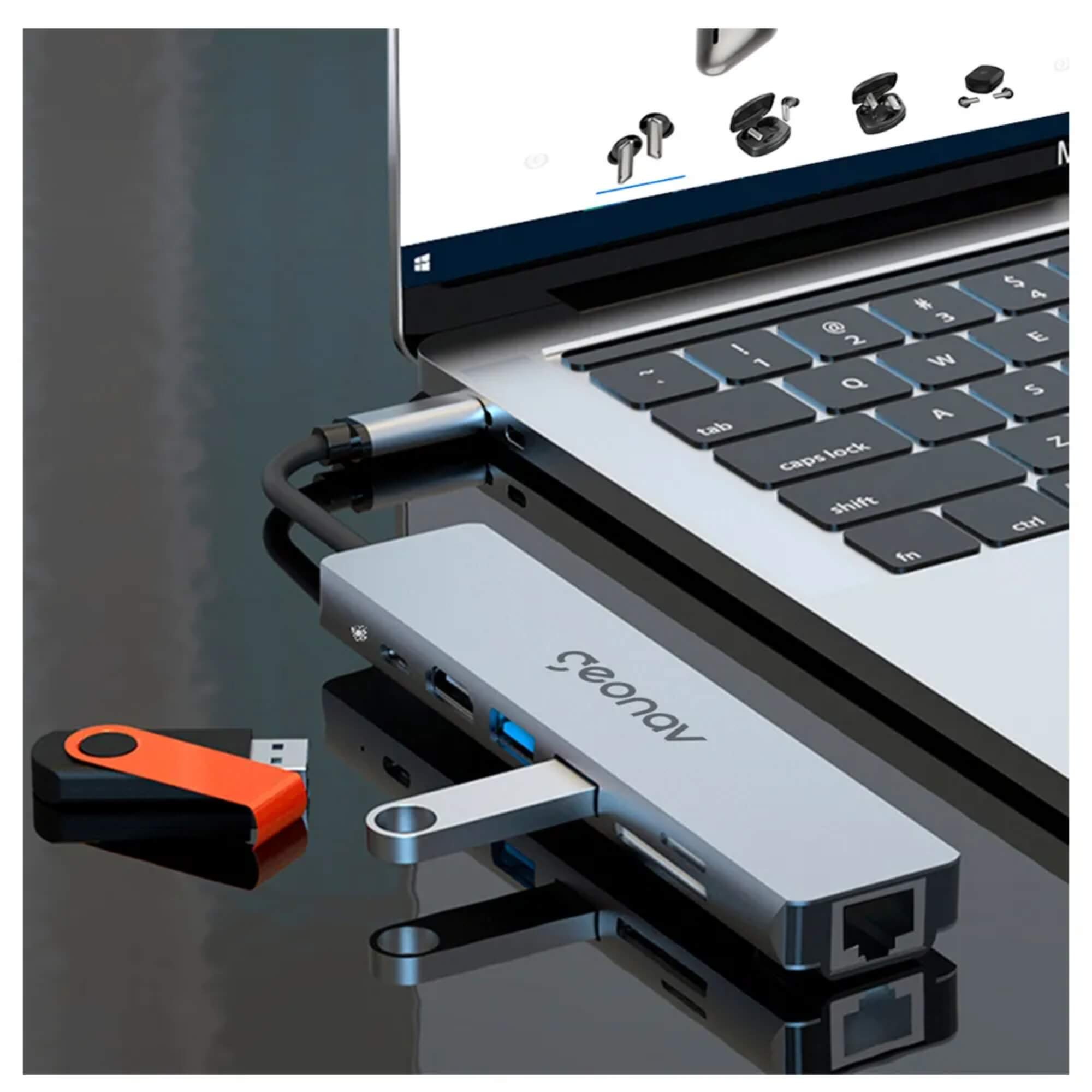 Cabo Adaptador Multiportas USB-C em Alumínio e 19cm de Extensão Cinza e Preto Geonav - UCA11