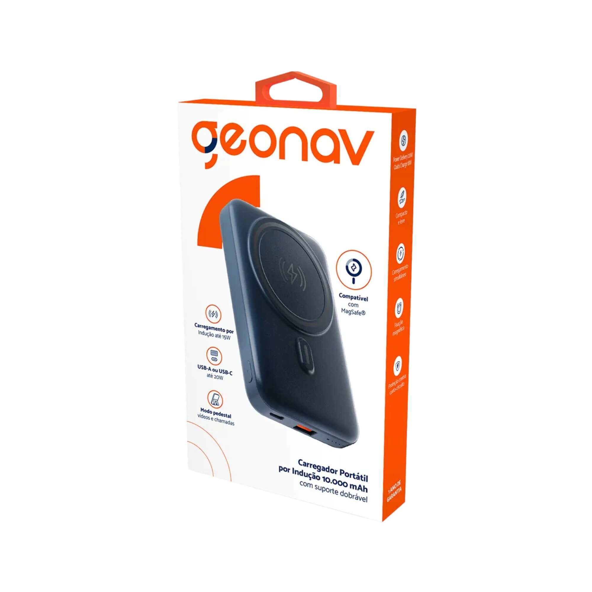 Carregador Portátil por Indução 10.000mAh com Suporte Dobrável Cinza Geonav - PB10MAGSG