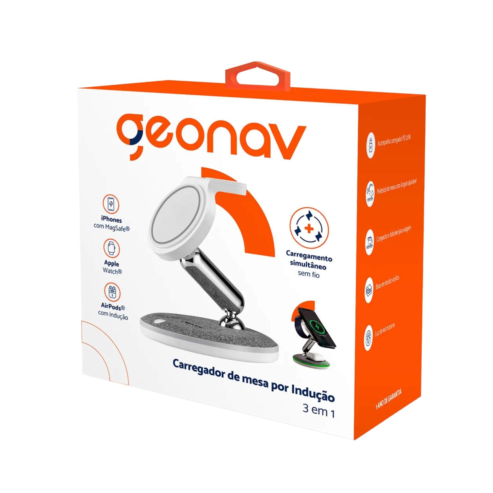 Carregador de Mesa por Indução 3 em 1 Compatível com Smartphones Padrão Qi Branco Geonav - CH31MAG