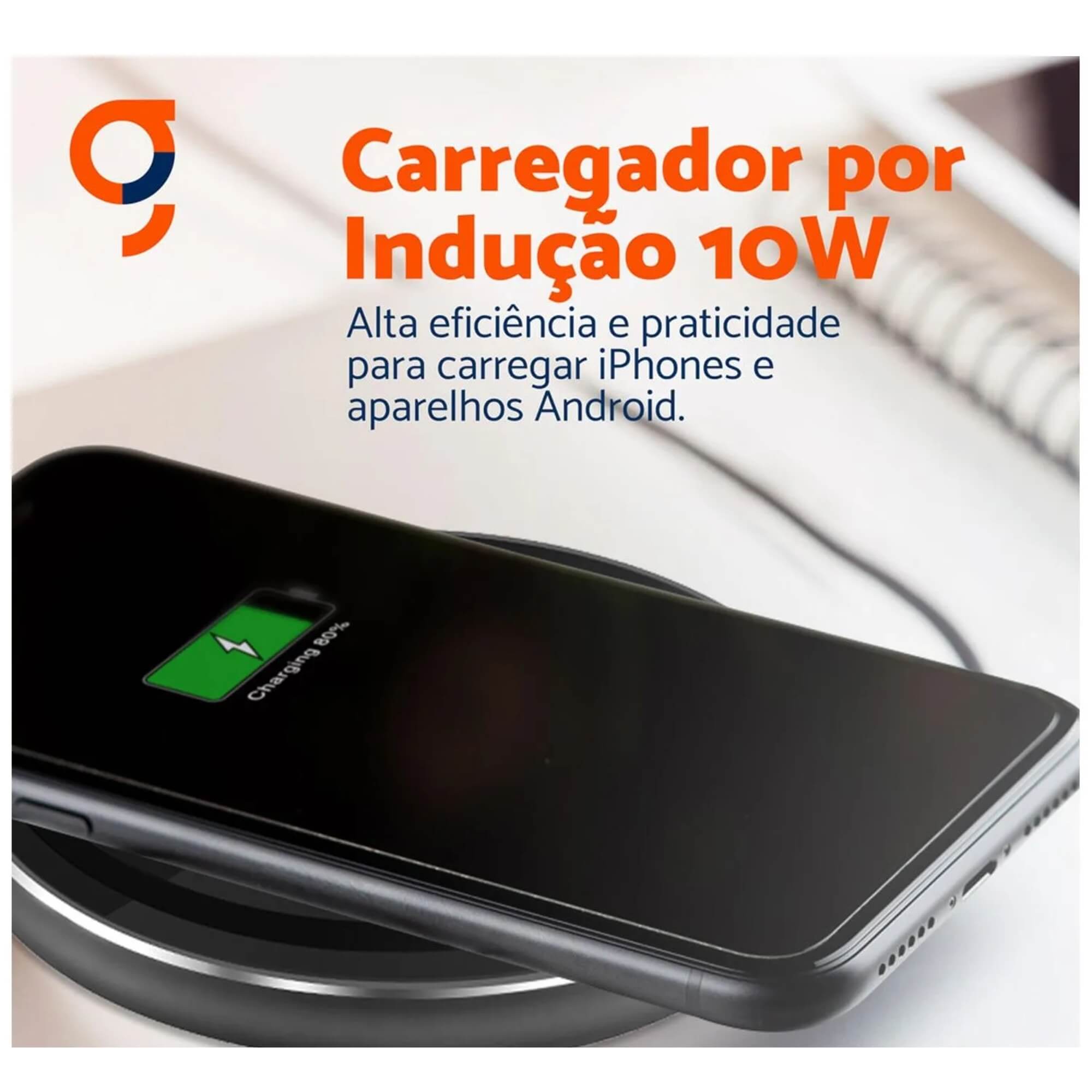 Carregador por Indução Compatível com Smartphones Padrão Qi Cinza Geonav - QI10WG