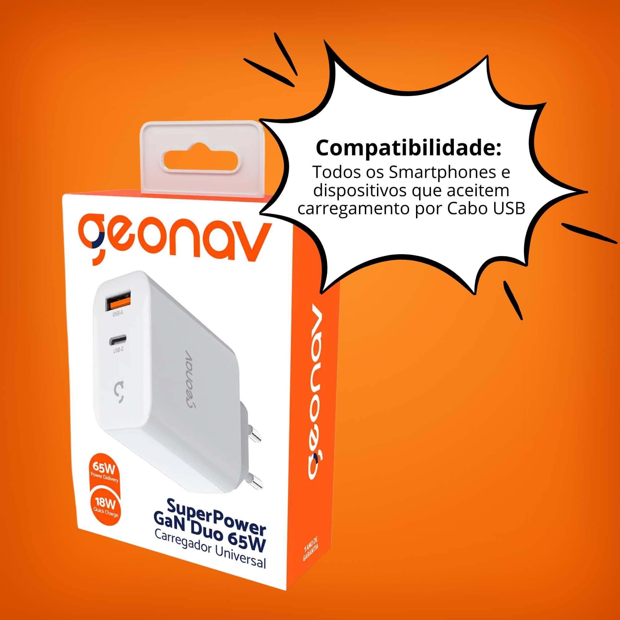 Carregador Super Power Gan Duo USB-C 65W Branco Geonav - CH65PDQC