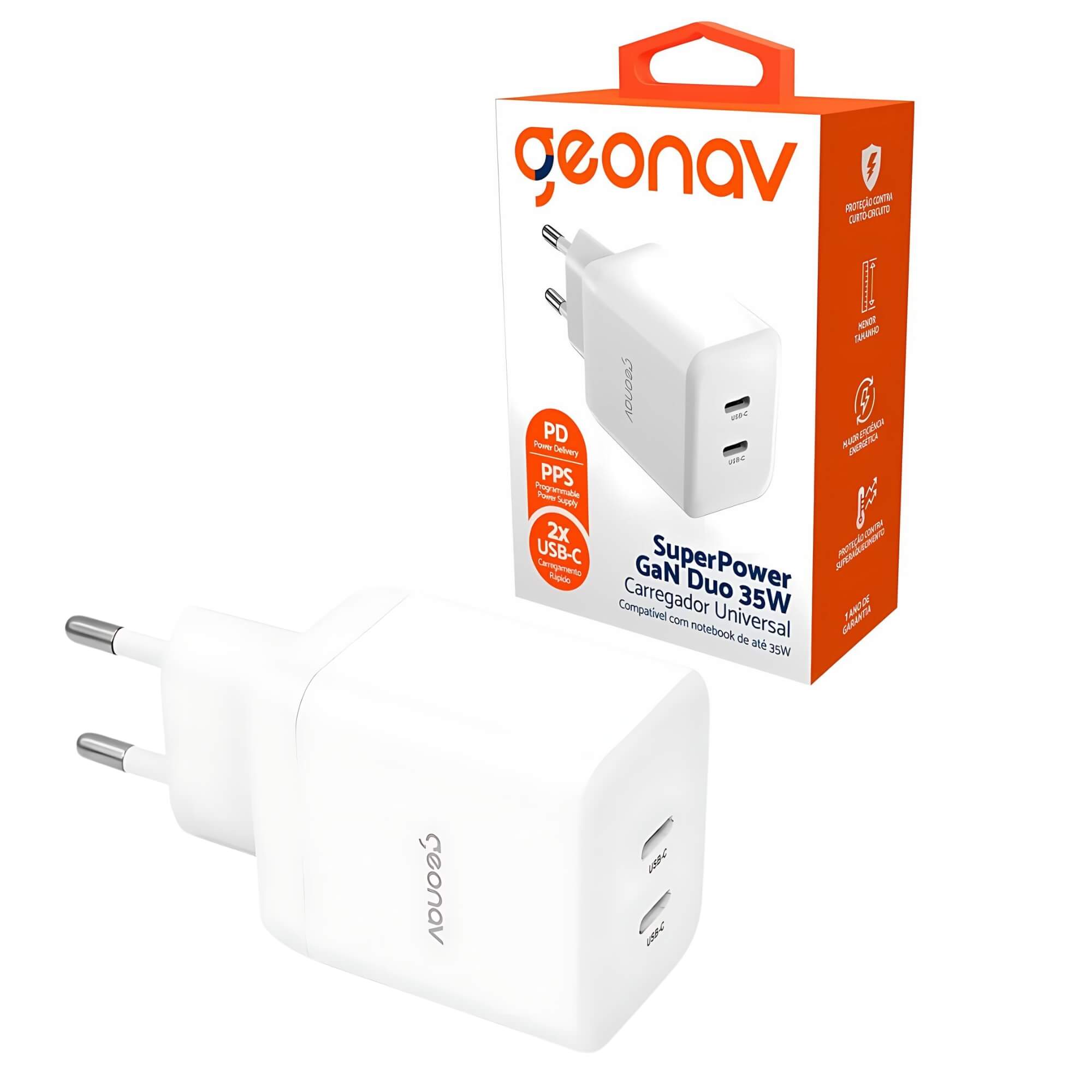 Carregador Universal SuperPower GaN Duo 35W 2 Portas USB-C Geonav - CH35PDWT
