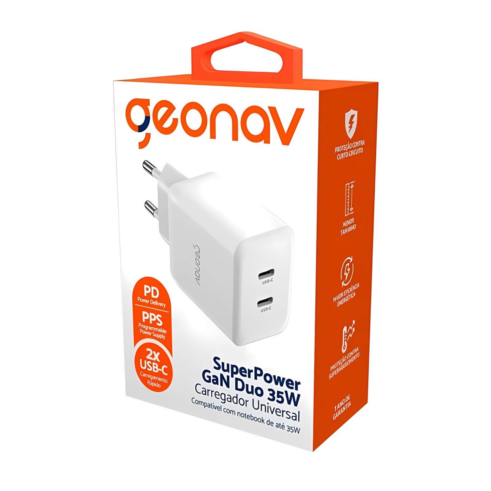 Carregador Universal SuperPower GaN Duo 35W 2 Portas USB-C Geonav - CH35PDWT