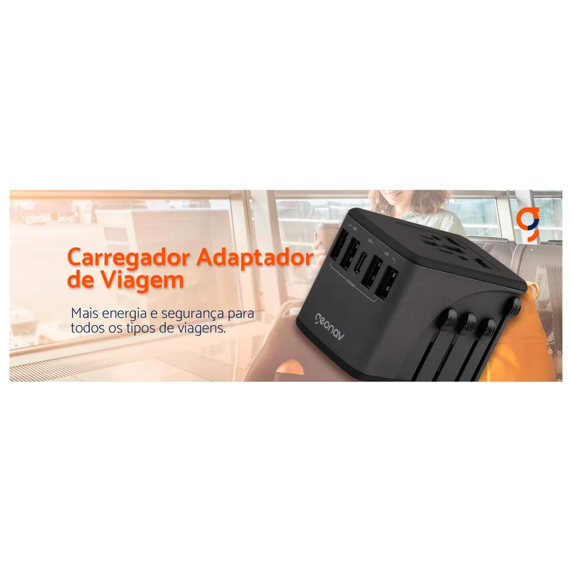 Carregador Universal com Adaptadores de Viagem USB + USB-C Preto Geonav - TLCH65BK