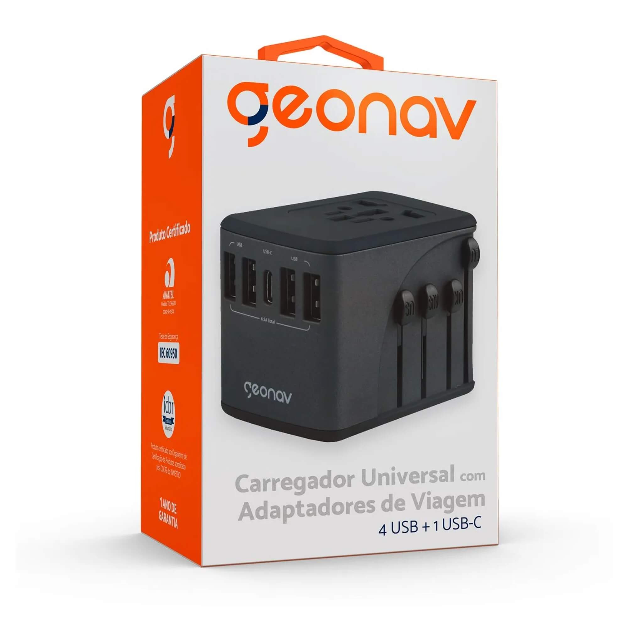 Carregador Universal com Adaptadores de Viagem USB + USB-C Preto Geonav - TLCH65BK