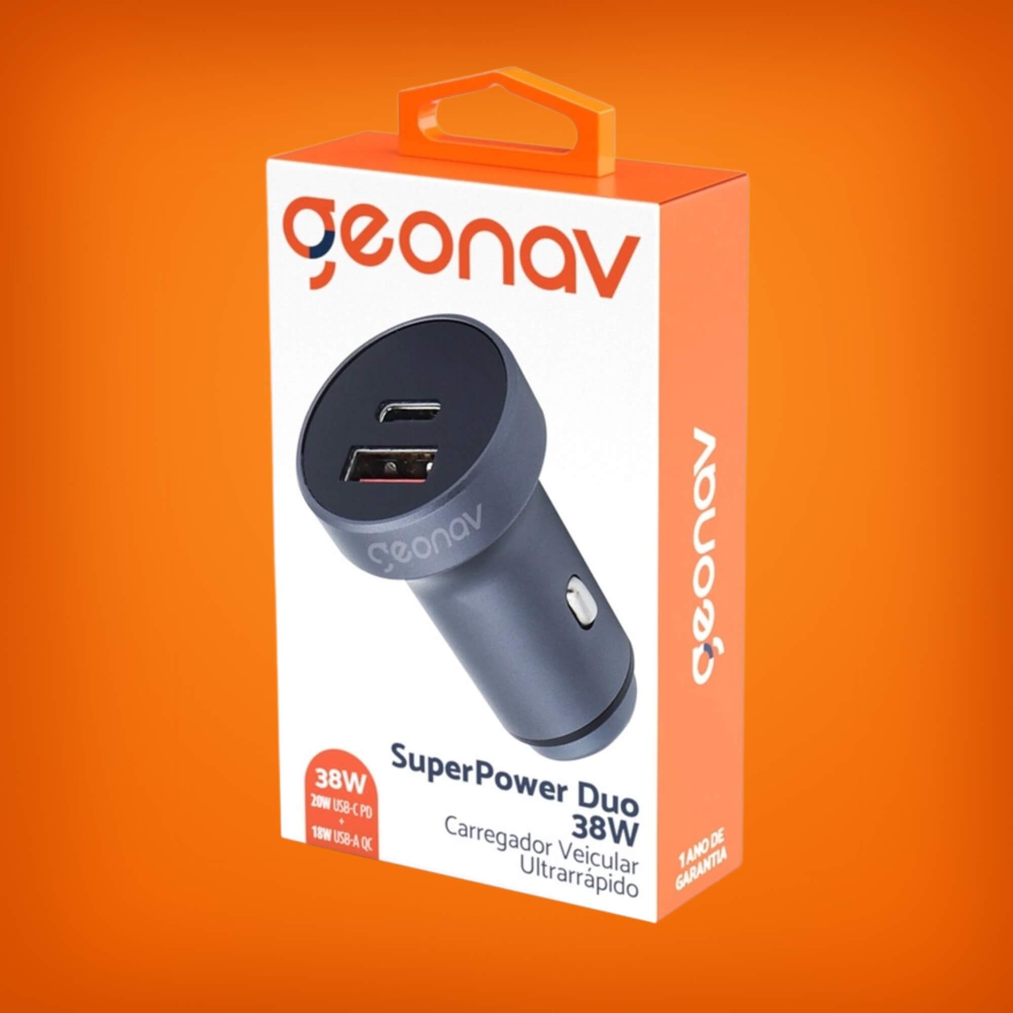 Carregador Veicular SuperPower Duo PD com 38W Cinza Geonav - CH38PDQC