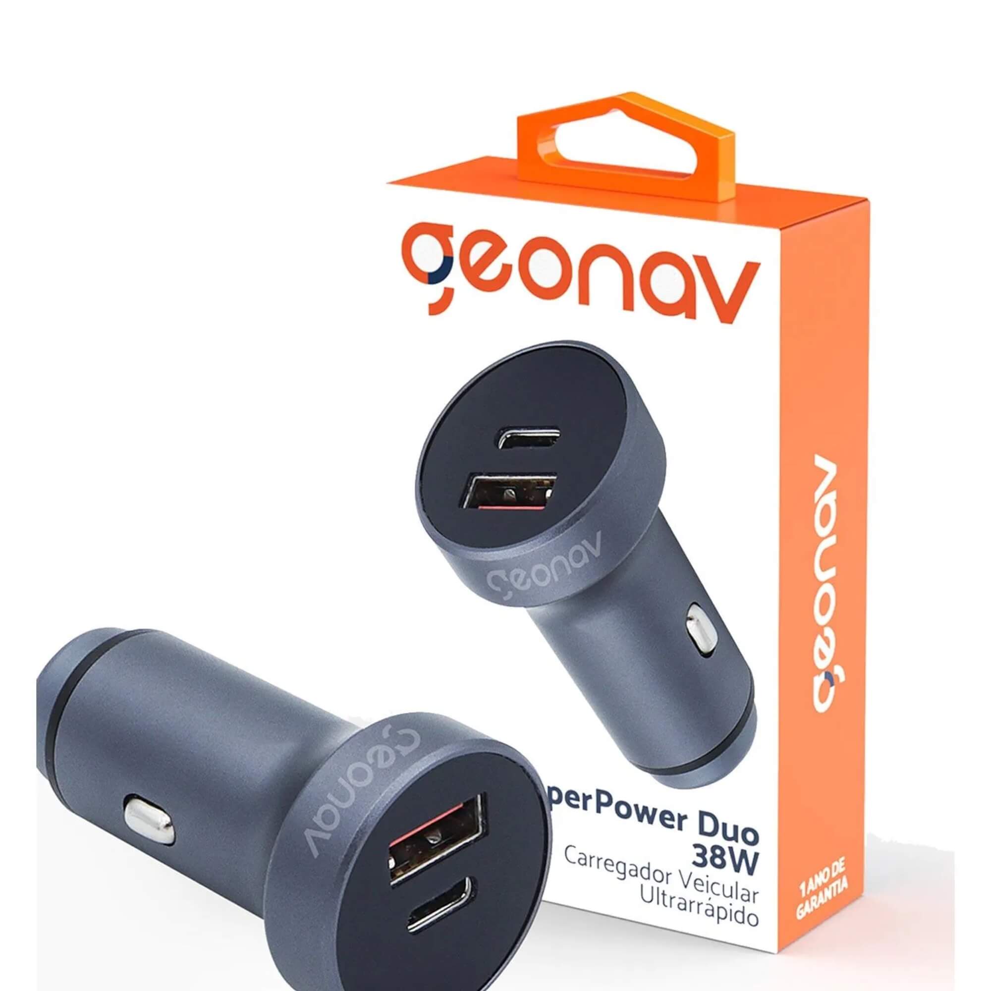 Carregador Veicular SuperPower Duo PD com 38W Cinza Geonav - CH38PDQC