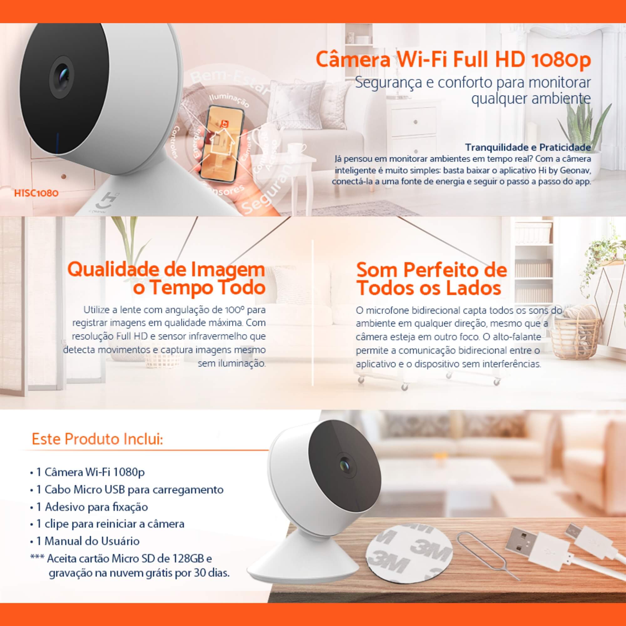 Câmera Inteligente Wi-Fi 1080P Full HD HISC1080 Geonav - HISC1080