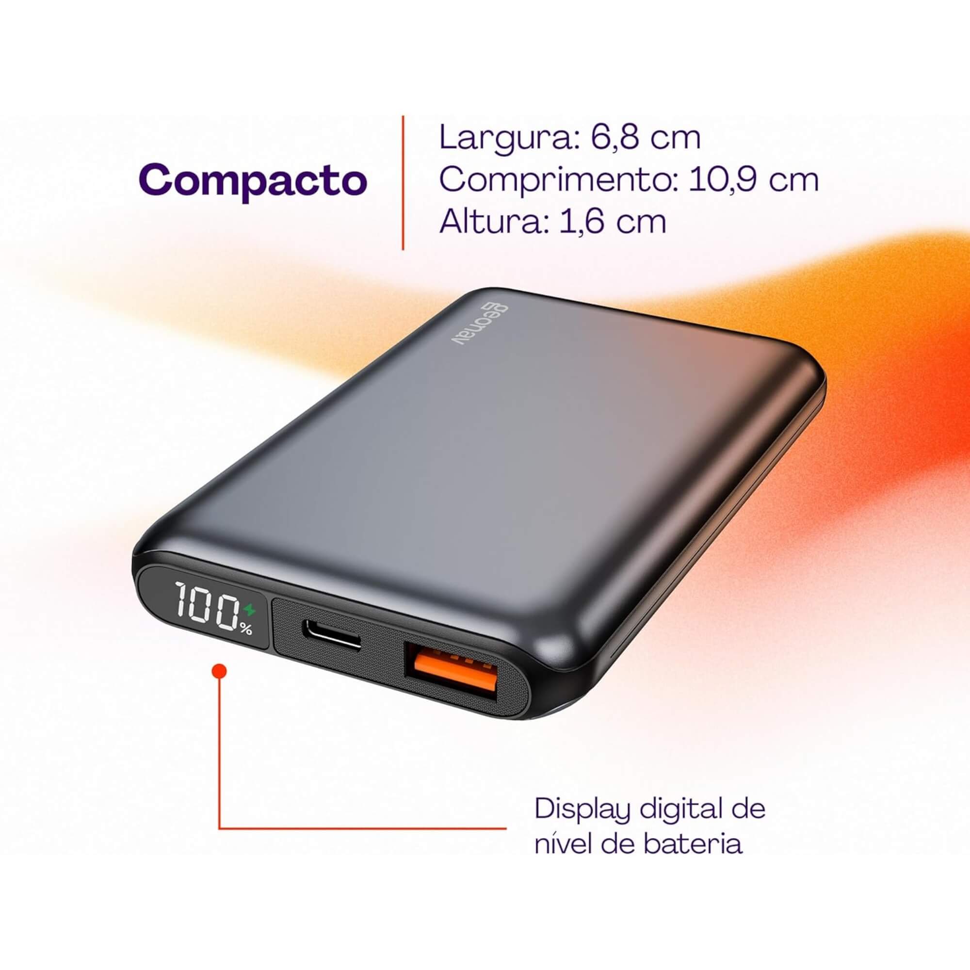 Carregador USB Portátil Universal 10.000mAh 20W Cinza Espacial Geonav - PB10K20WSG