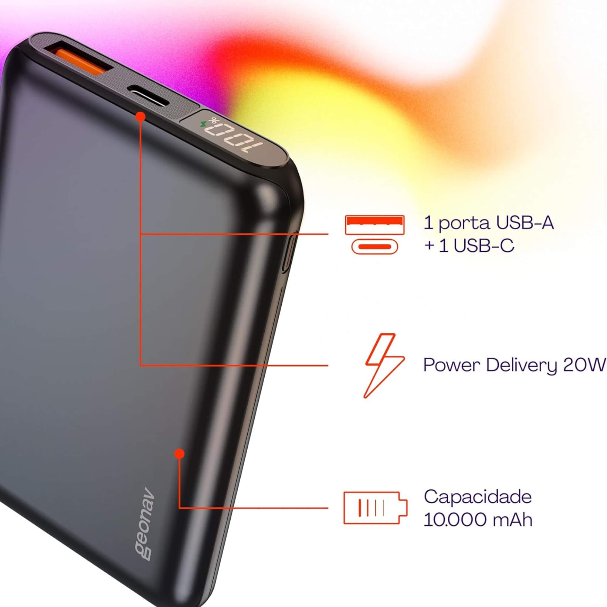 Carregador USB Portátil Universal 10.000mAh 20W Cinza Espacial Geonav - PB10K20WSG