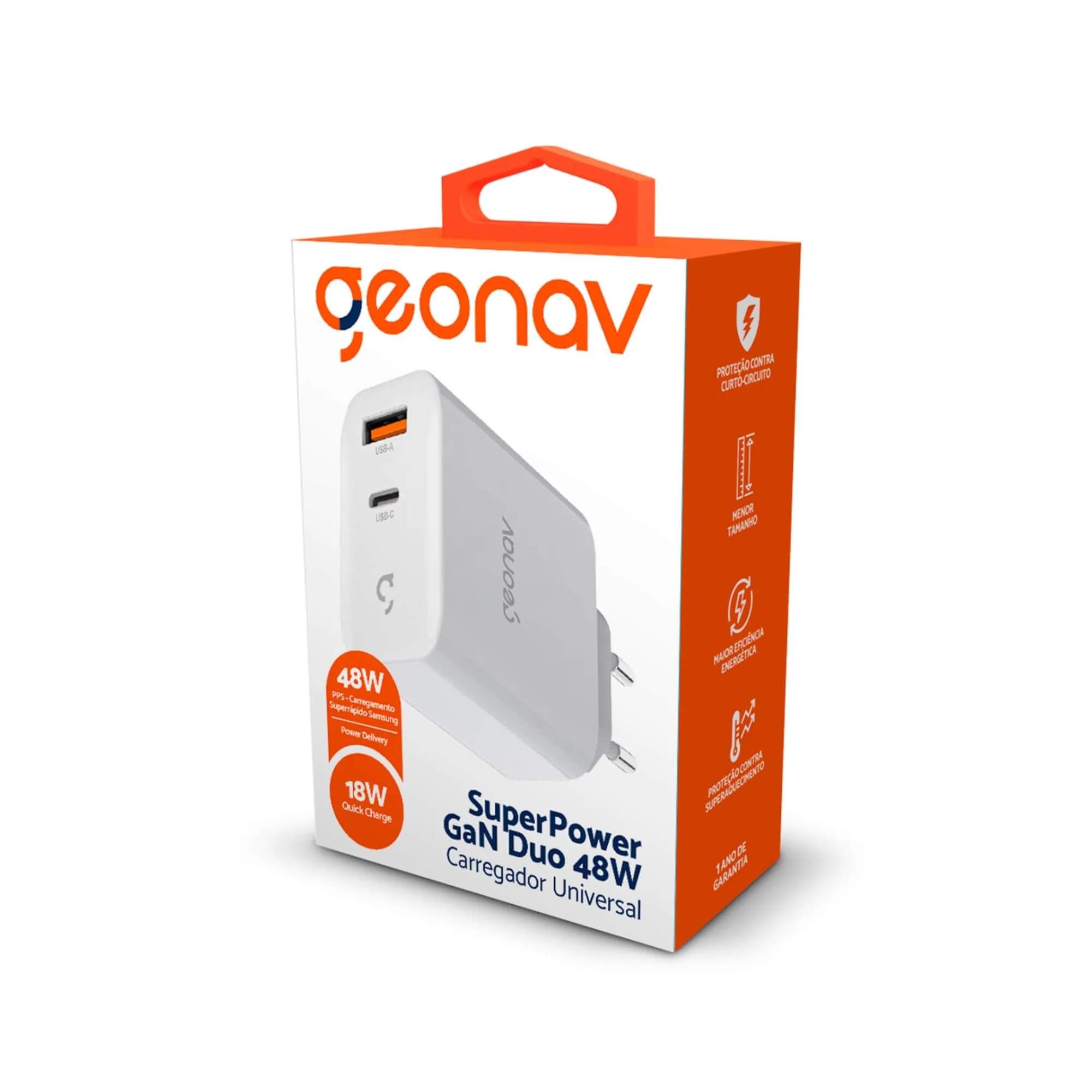 Carregador de Tomada Turbo 48W Super Power Duo Branco Entrada USB- A e Tipo C - Geonav  CH48PDQCWT