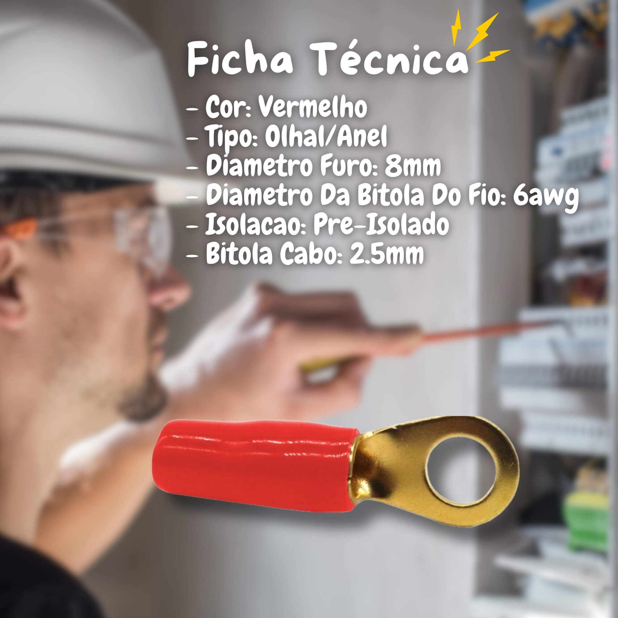 Terminal Olhal Anel Pré Isolado 6 AWG Vermelho 8mm Pct C/ 50 Unidades Tech One - PW-B-CX-50-2562