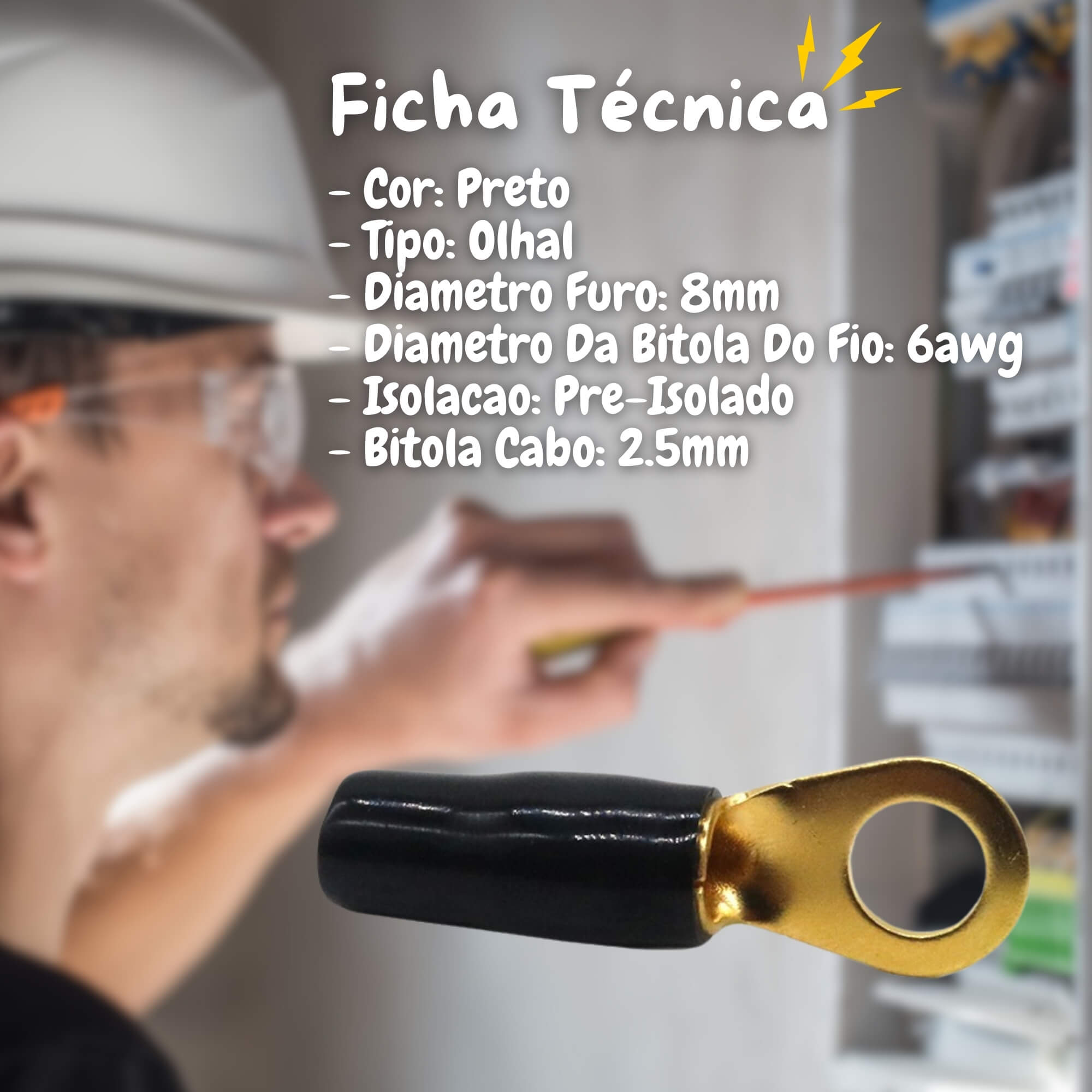 Terminal Olhal Anel Pré Isolado 6 AWG Preto 8mm Pct C/ 50 Unidades Tech One - PW-B-CX-50-2561